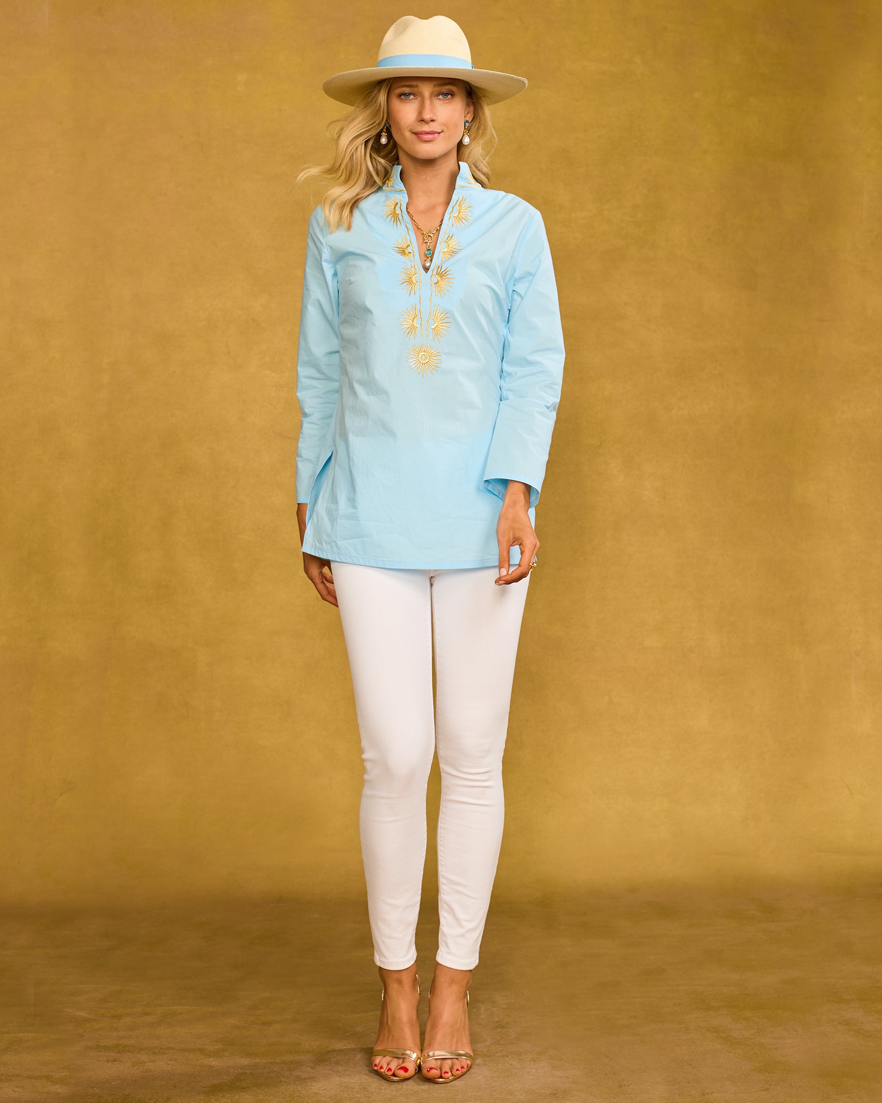 Soleil Tunic in Robin Egg Blue and Gold Sunburst Embellishment