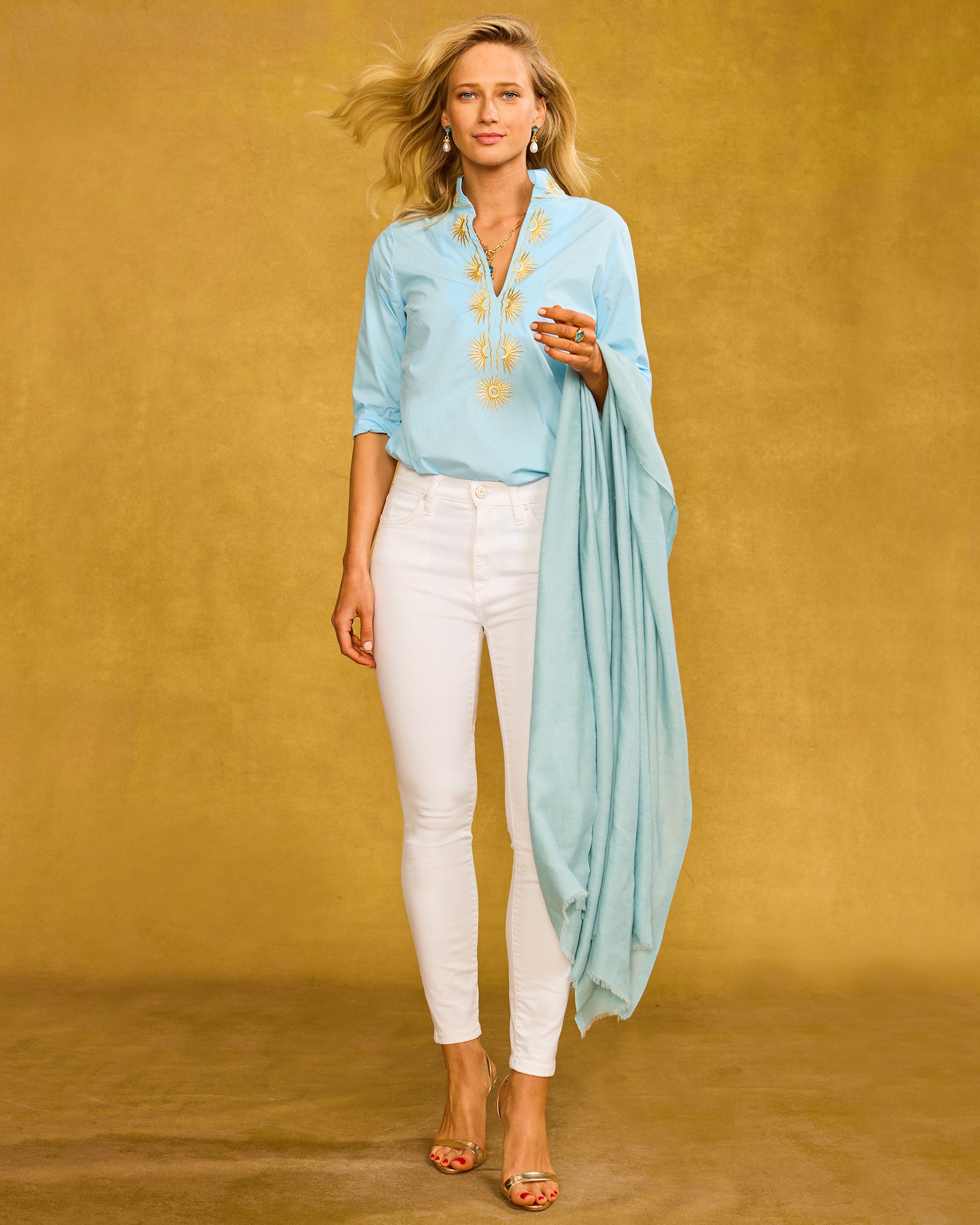 Soleil Tunic in Robin Egg Blue and Gold Sunburst Embellishment