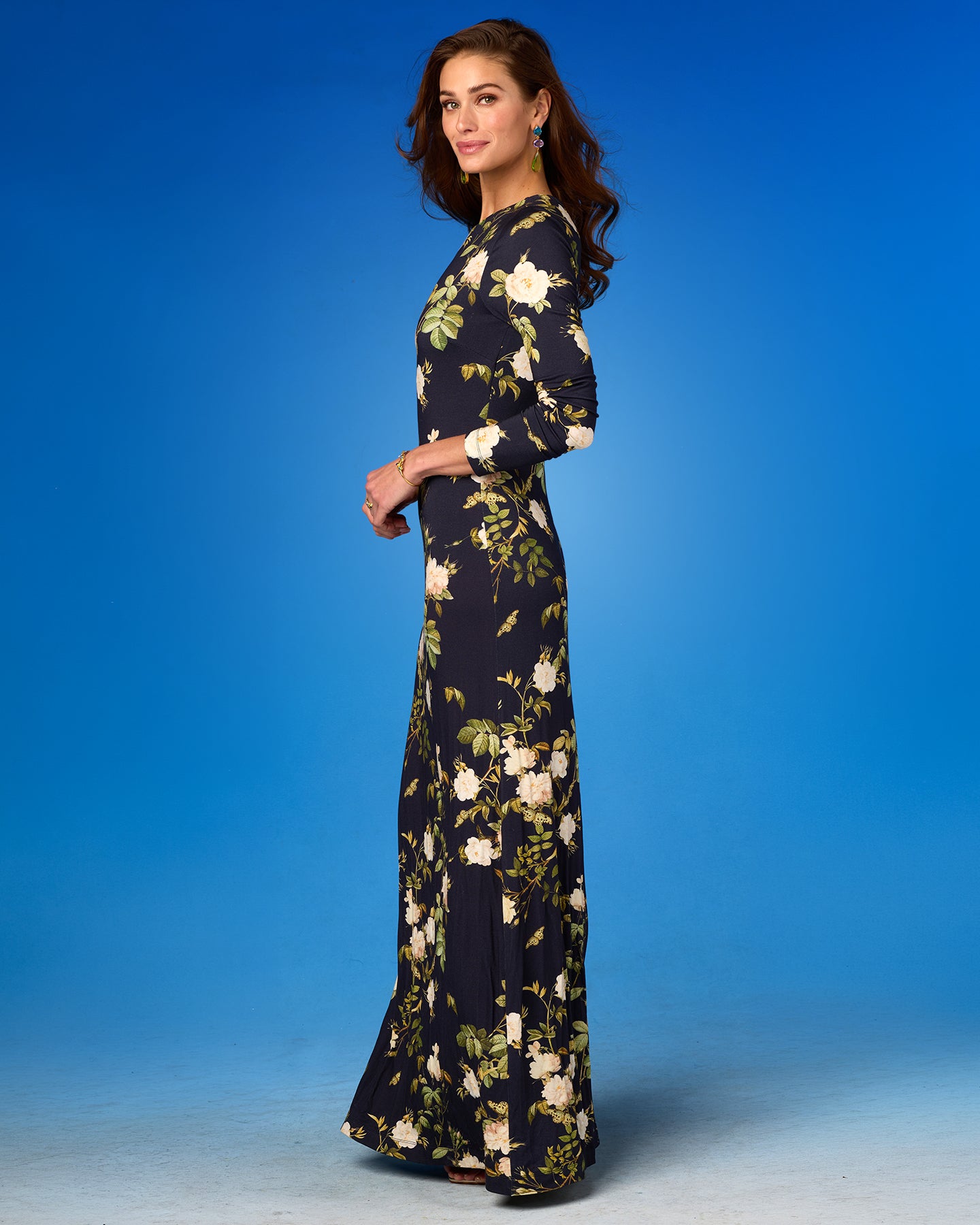 Sylvia Stretch Maxi Gown in Midnight English Garden