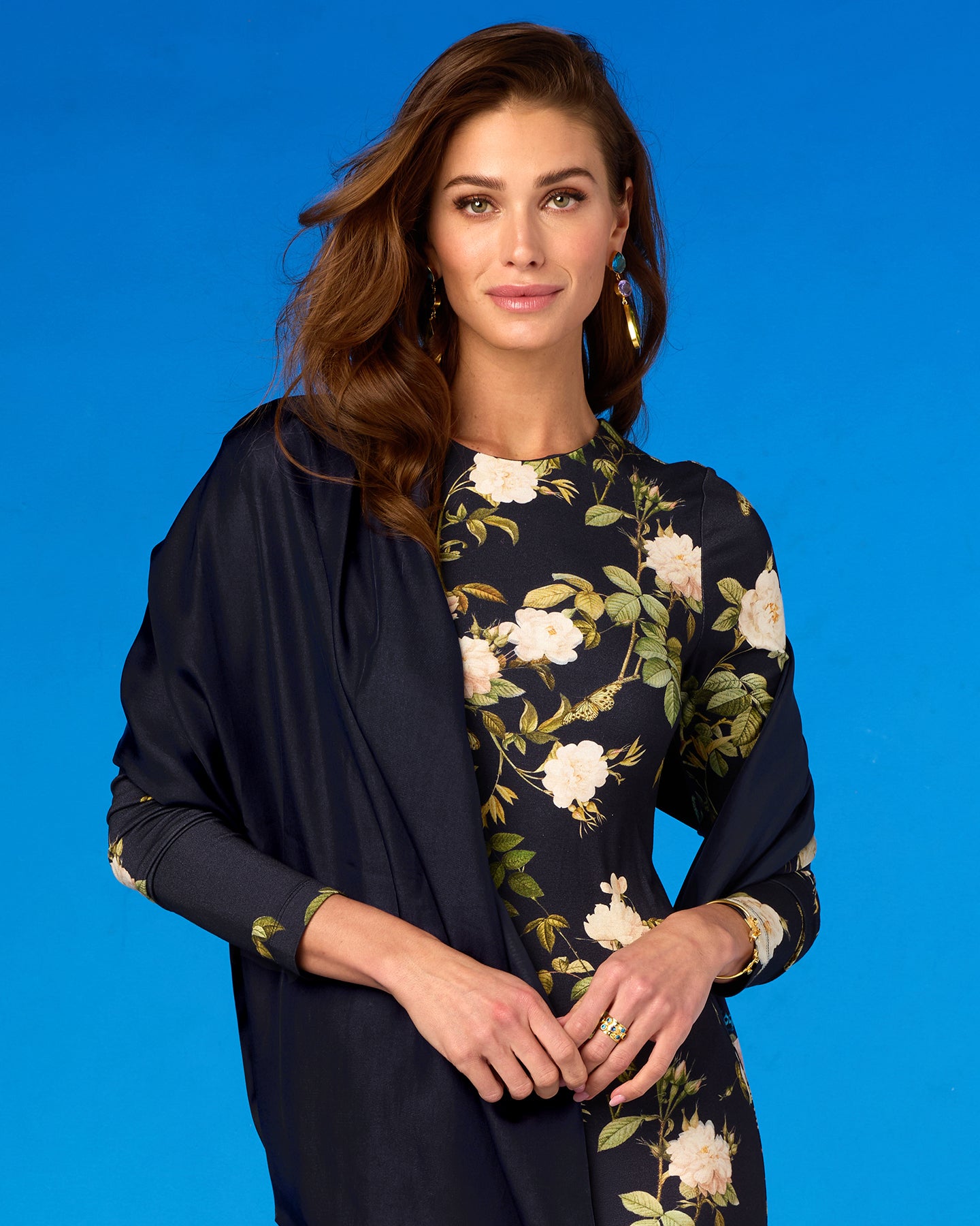 Josephine Pashmina Shawl in Black worm with a floral dress