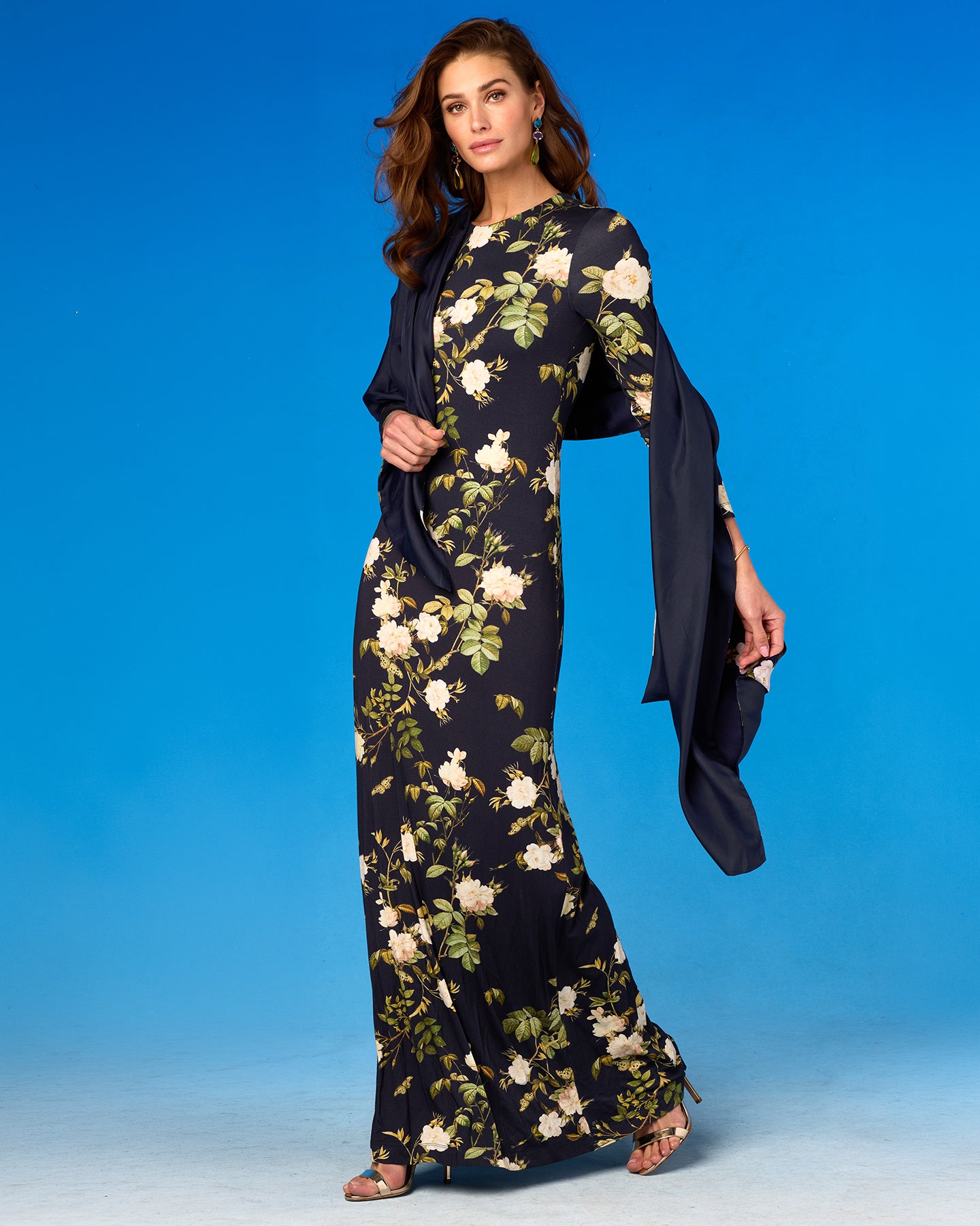Sylvia Stretch Maxi Gown in Midnight English Garden
