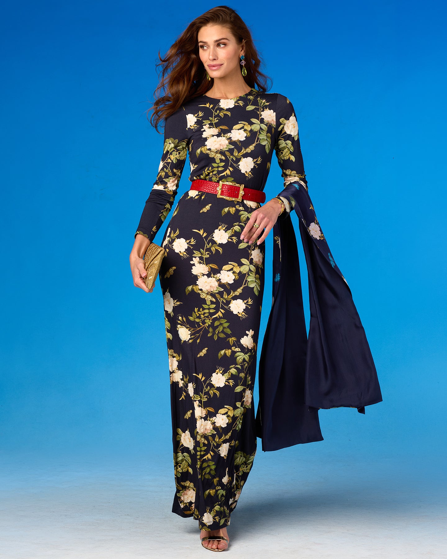Sylvia Stretch Maxi Gown in Midnight English Garden