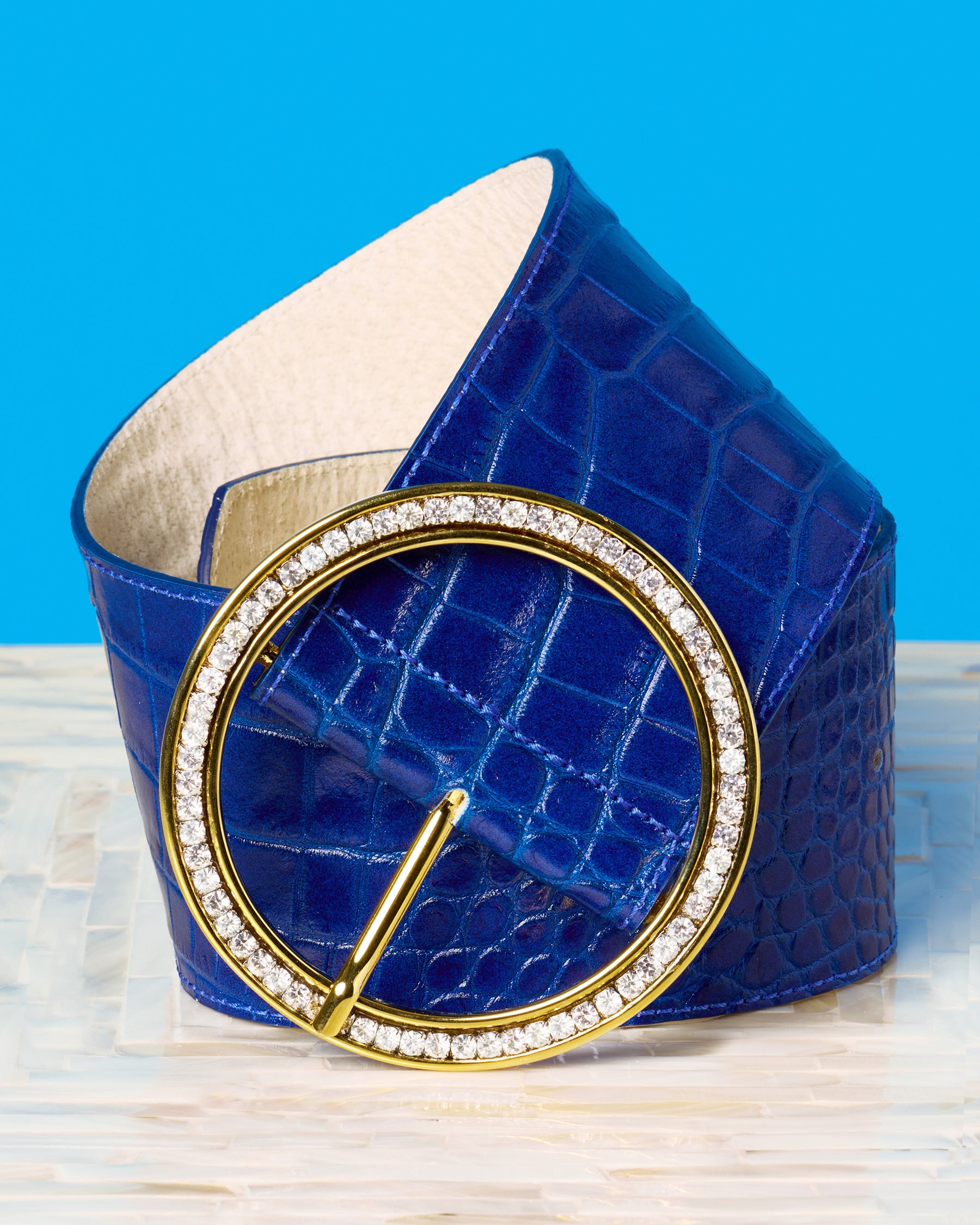 Tatum Wide Leather Belt in Croc-Embossed Navy