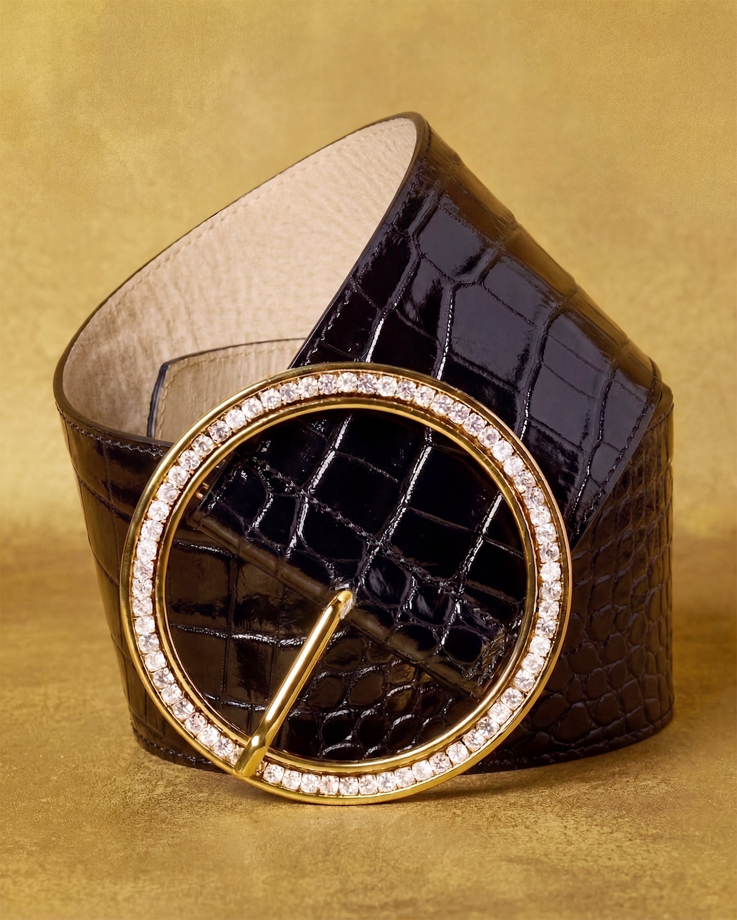 Tatum Wide Leather Belt in Croc-Embossed Black
