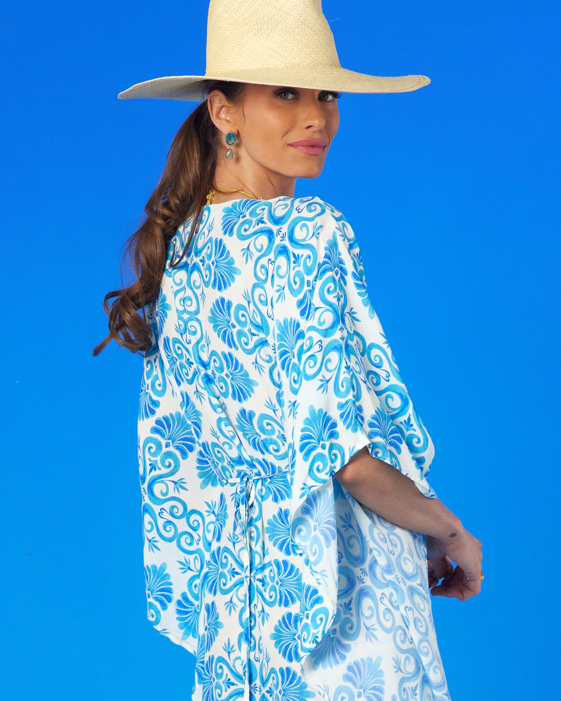Thetis Cinched Long Kaftan in Blue and White-closeup view