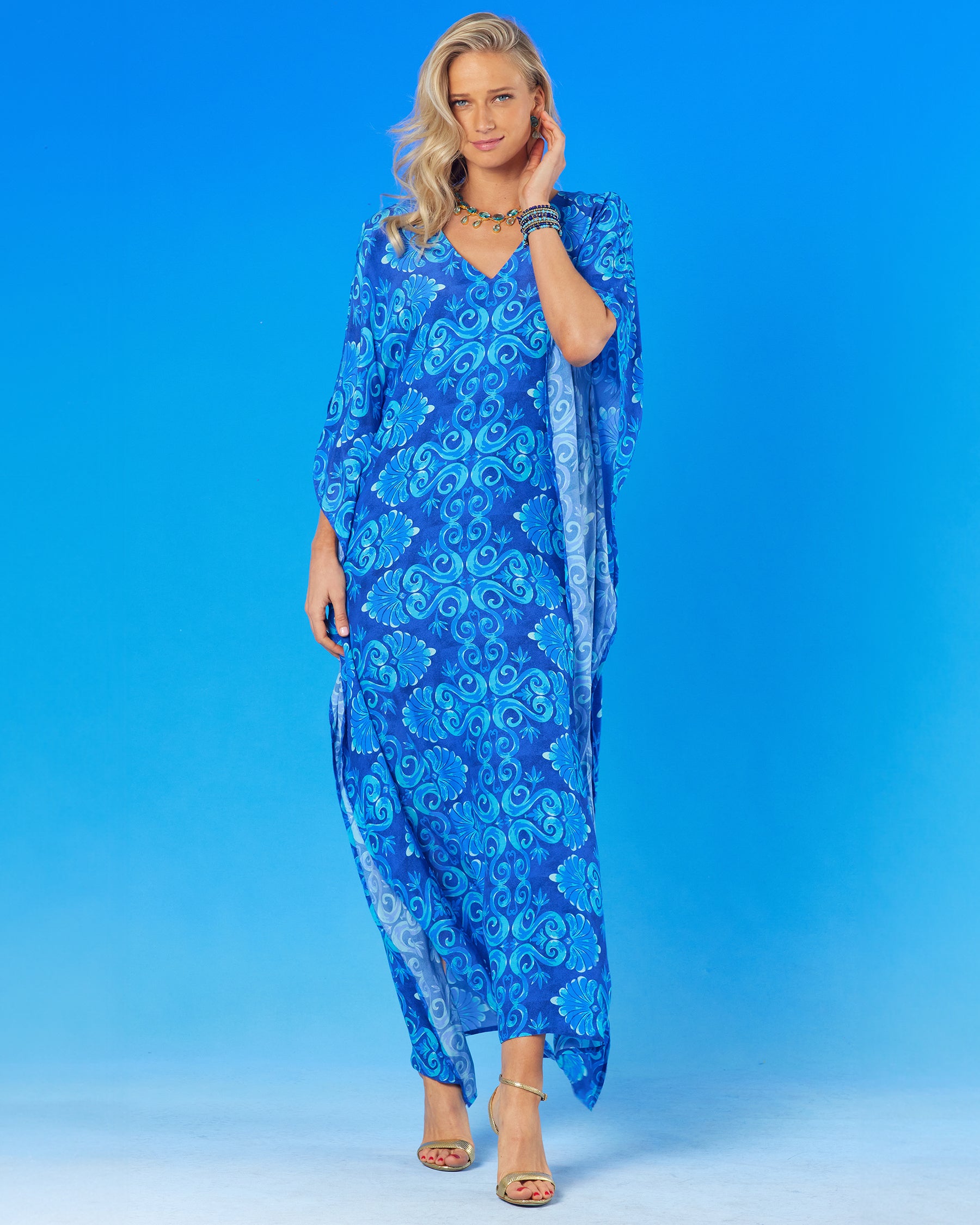 Thetis Long Kaftan in Mediterranean Blue-Full frontal view