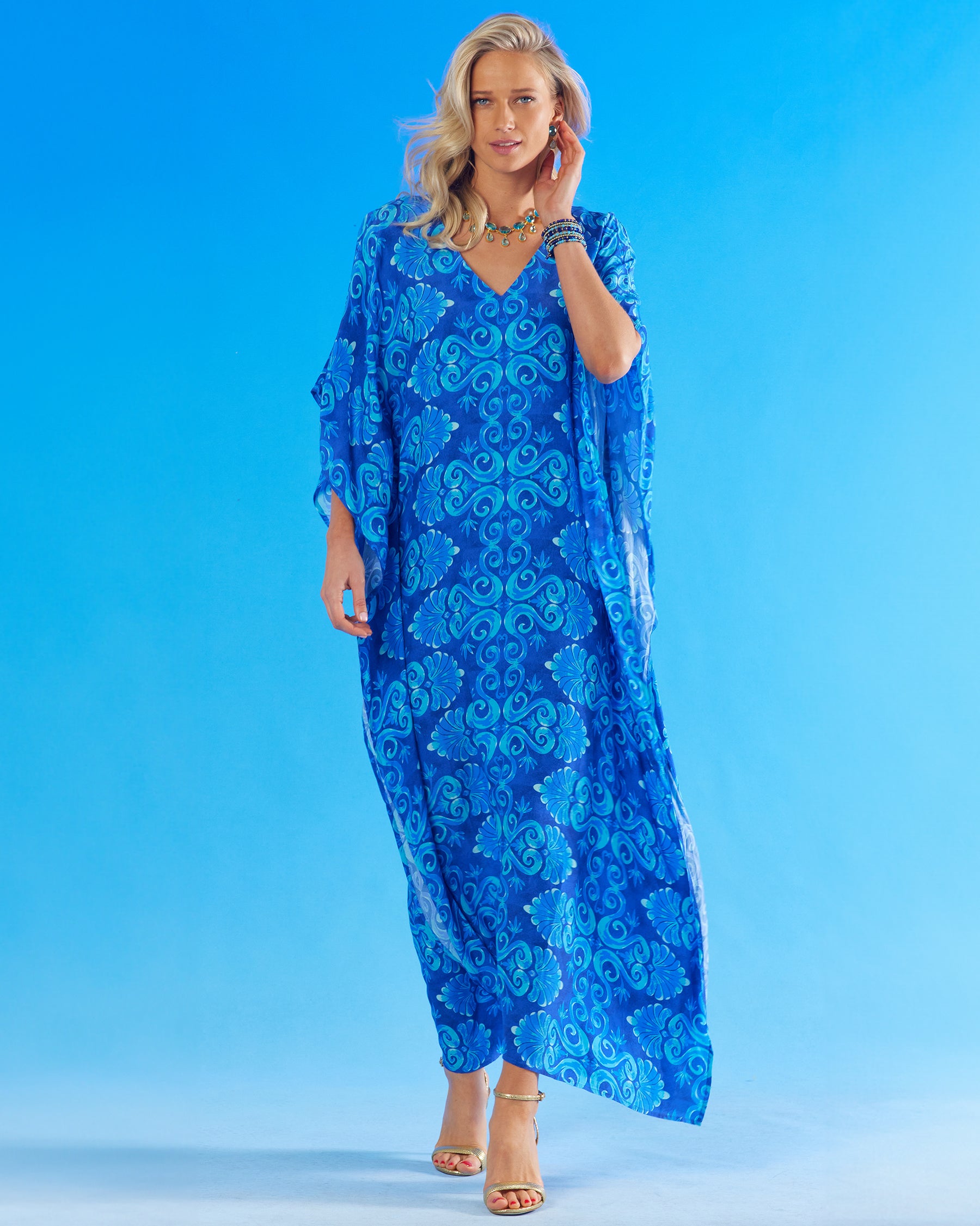 Thetis Long Kaftan in Mediterranean Blue-Full frontal view