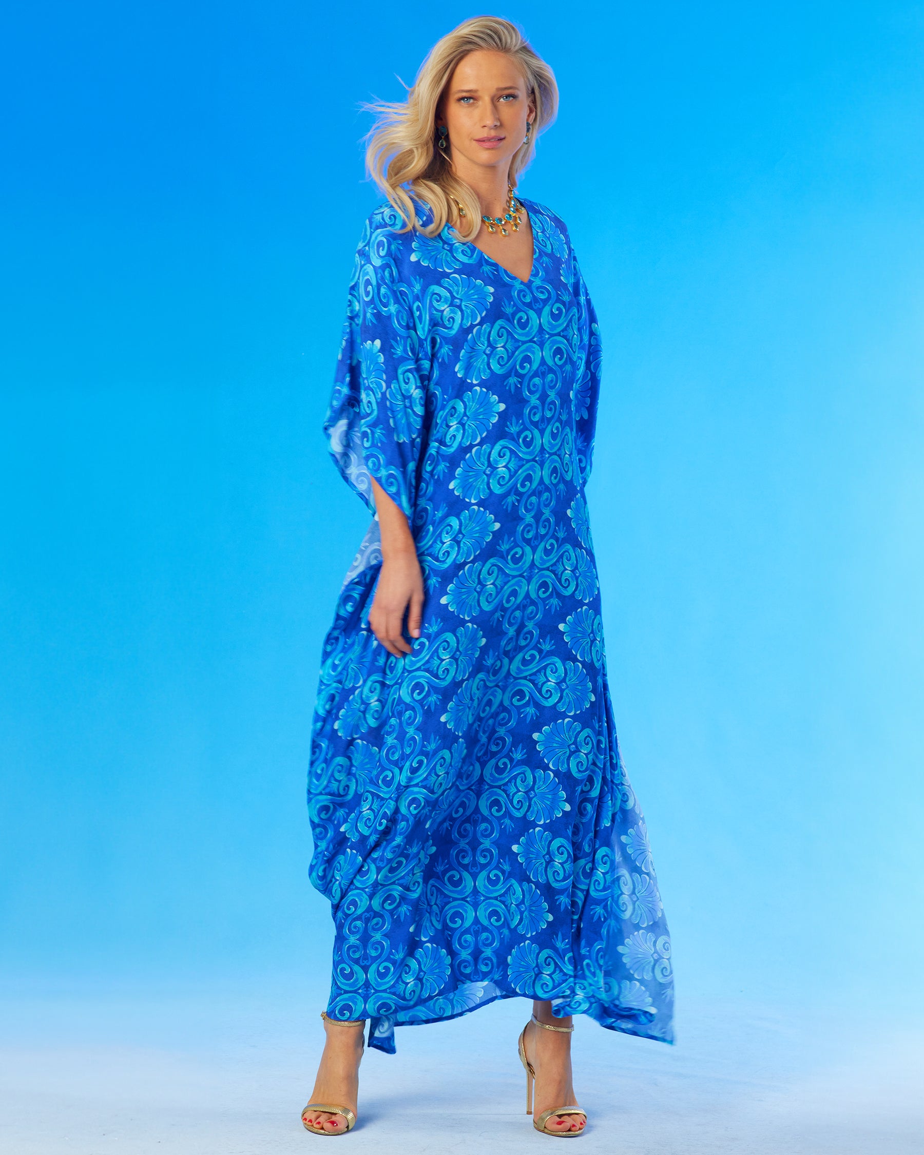 Thetis Long Kaftan in Mediterranean Blue-Full frontal view