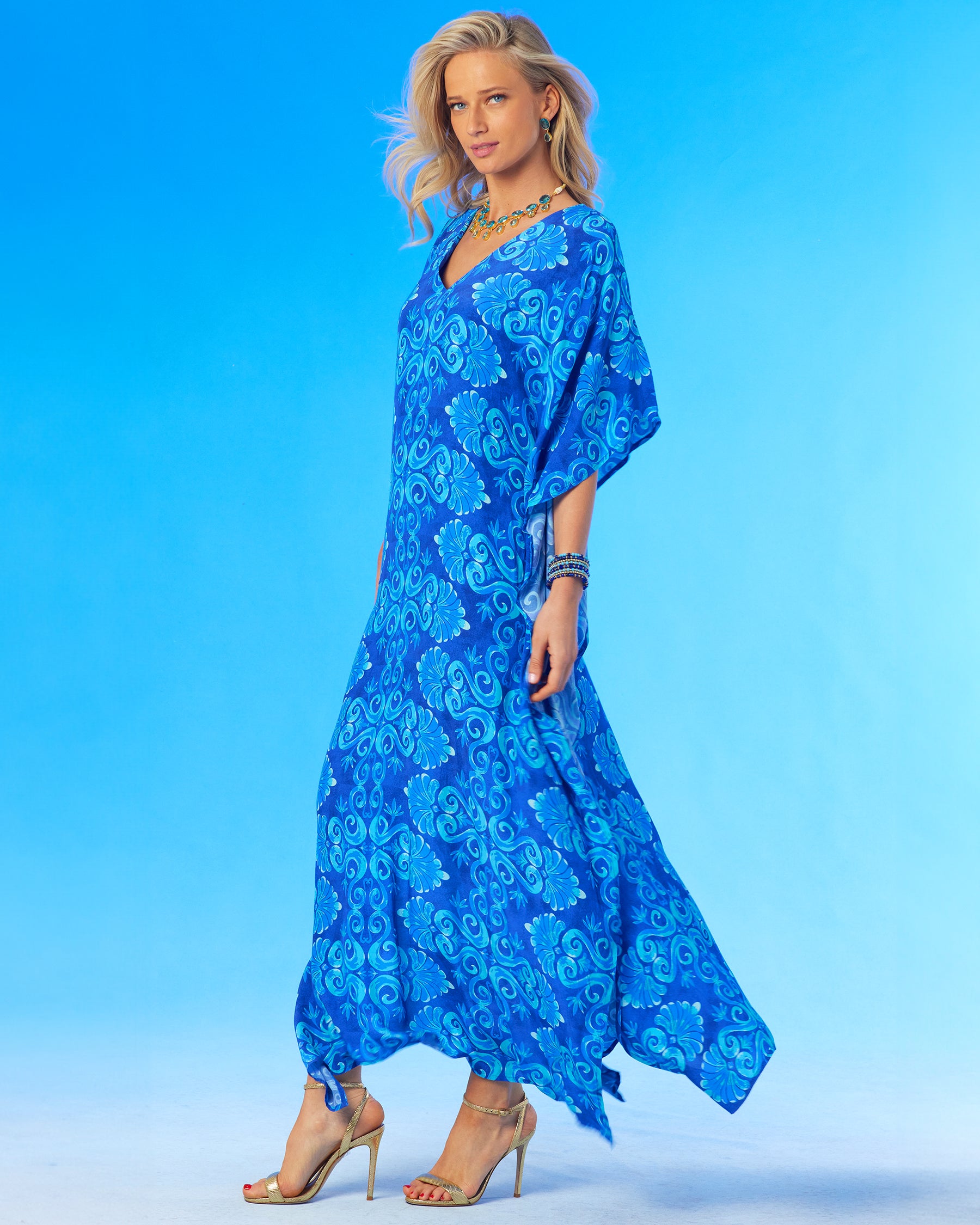 Thetis Long Kaftan in Mediterranean Blue-Side view