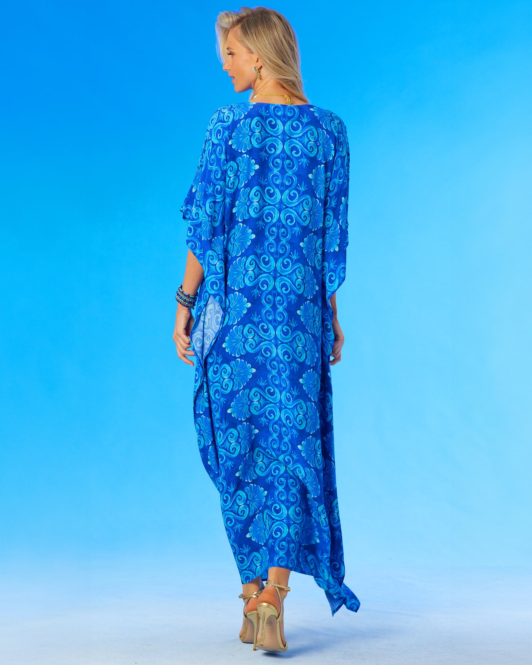 Thetis Long Kaftan in Mediterranean Blue-back view