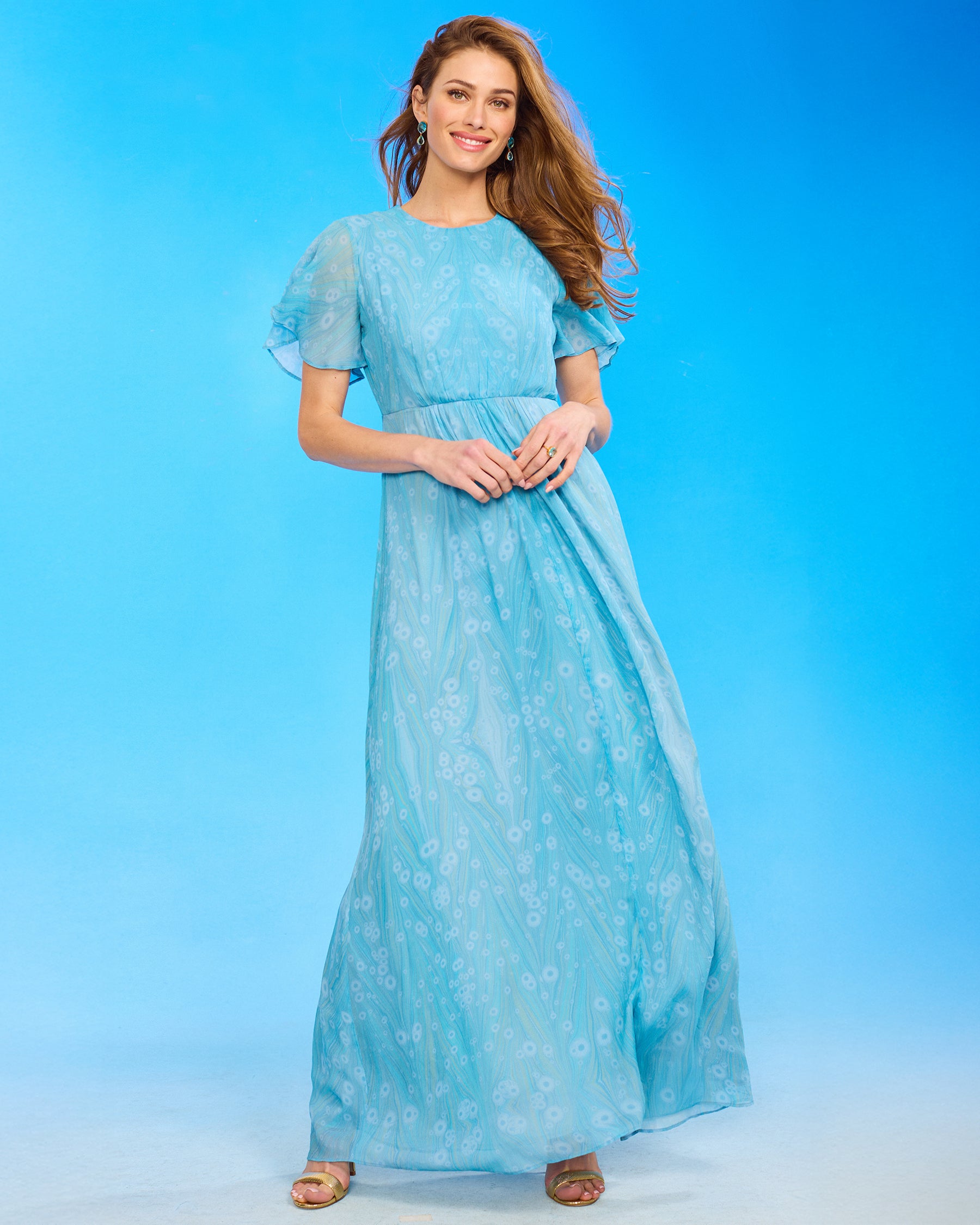 Titania Butterfly Sleeve Chiffon Maxi Dress in Sea Nymph front