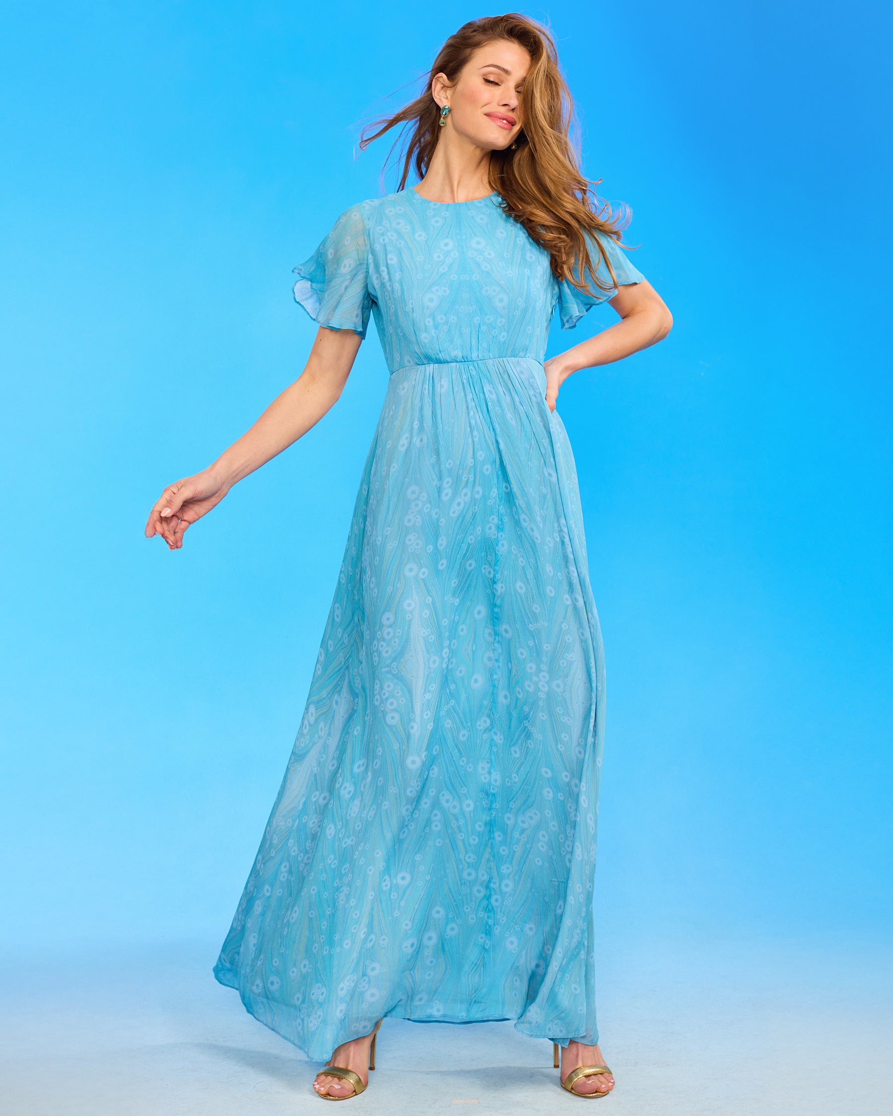Titania Butterfly Sleeve Chiffon Maxi Dress in Sea Nymph with eyes closed