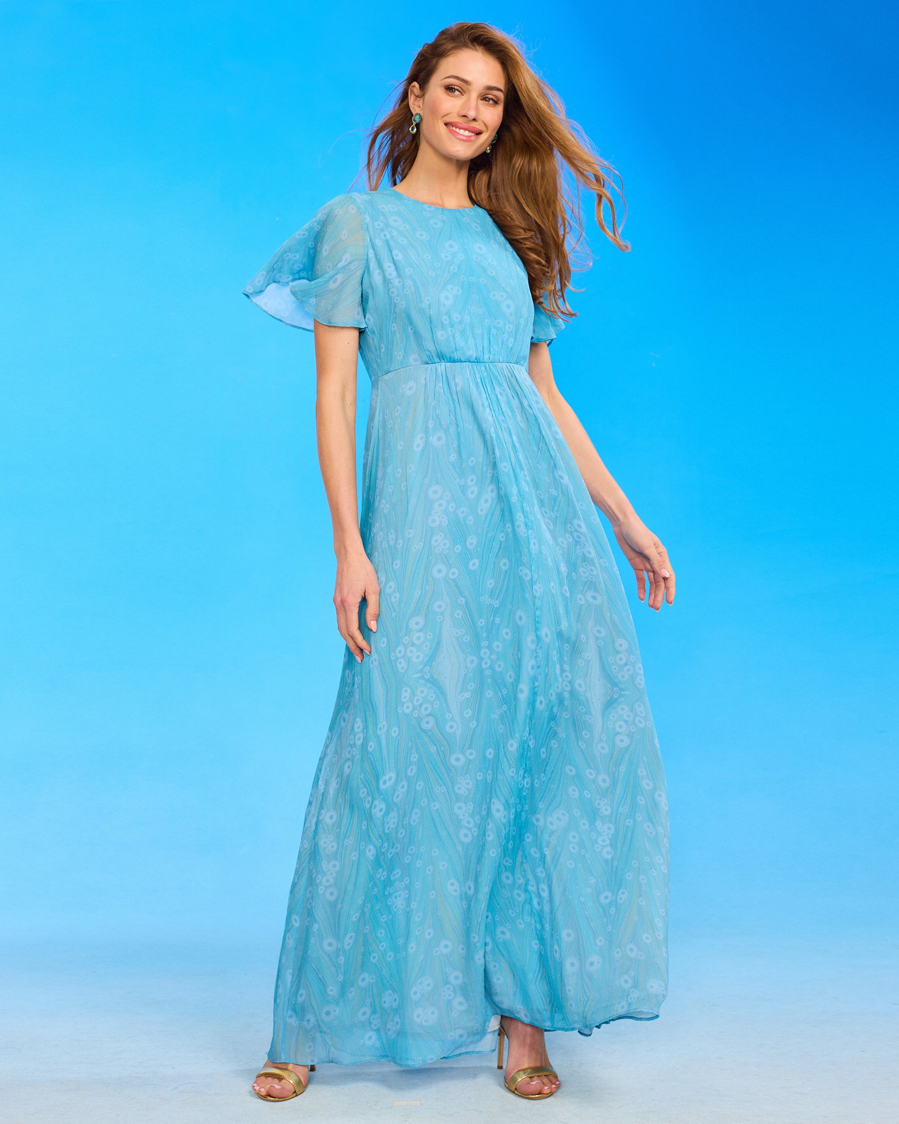 Titania Butterfly Sleeve Chiffon Maxi Dress in Sea Nymph full length frontal view