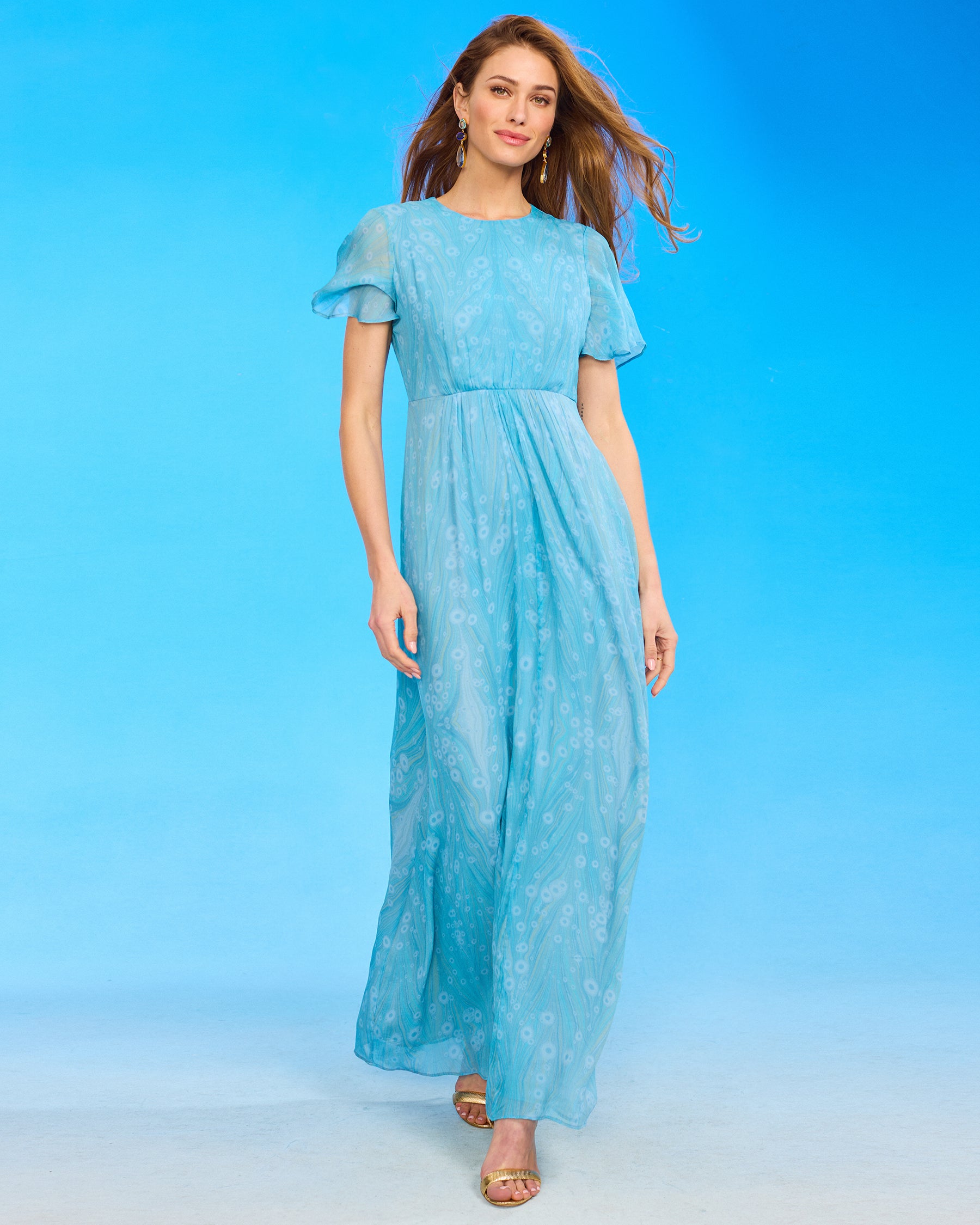 Titania Butterfly Sleeve Chiffon Maxi Dress in Sea Nymph front walking view