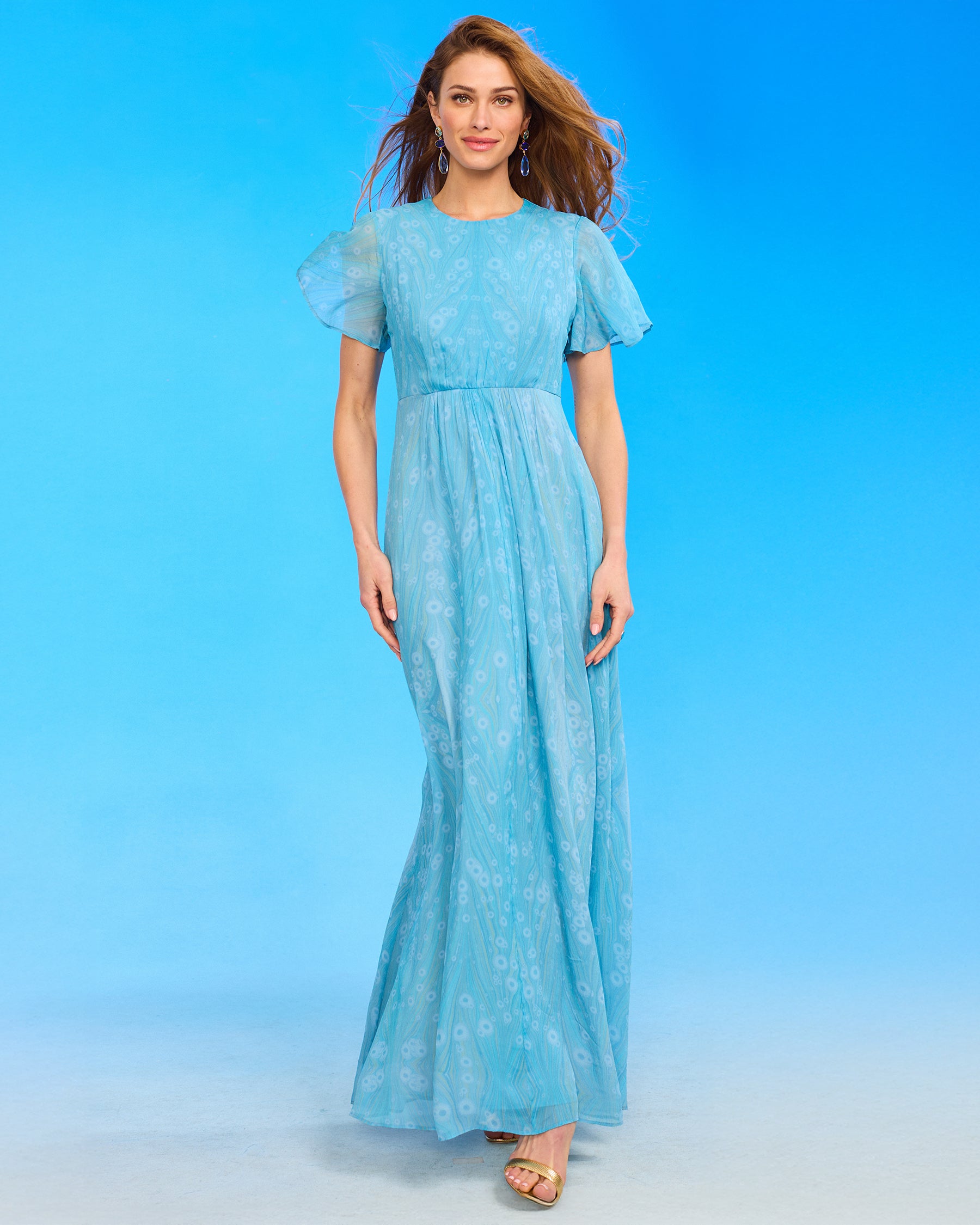 Titania Butterfly Sleeve Chiffon Maxi Dress in Sea Nymph front view