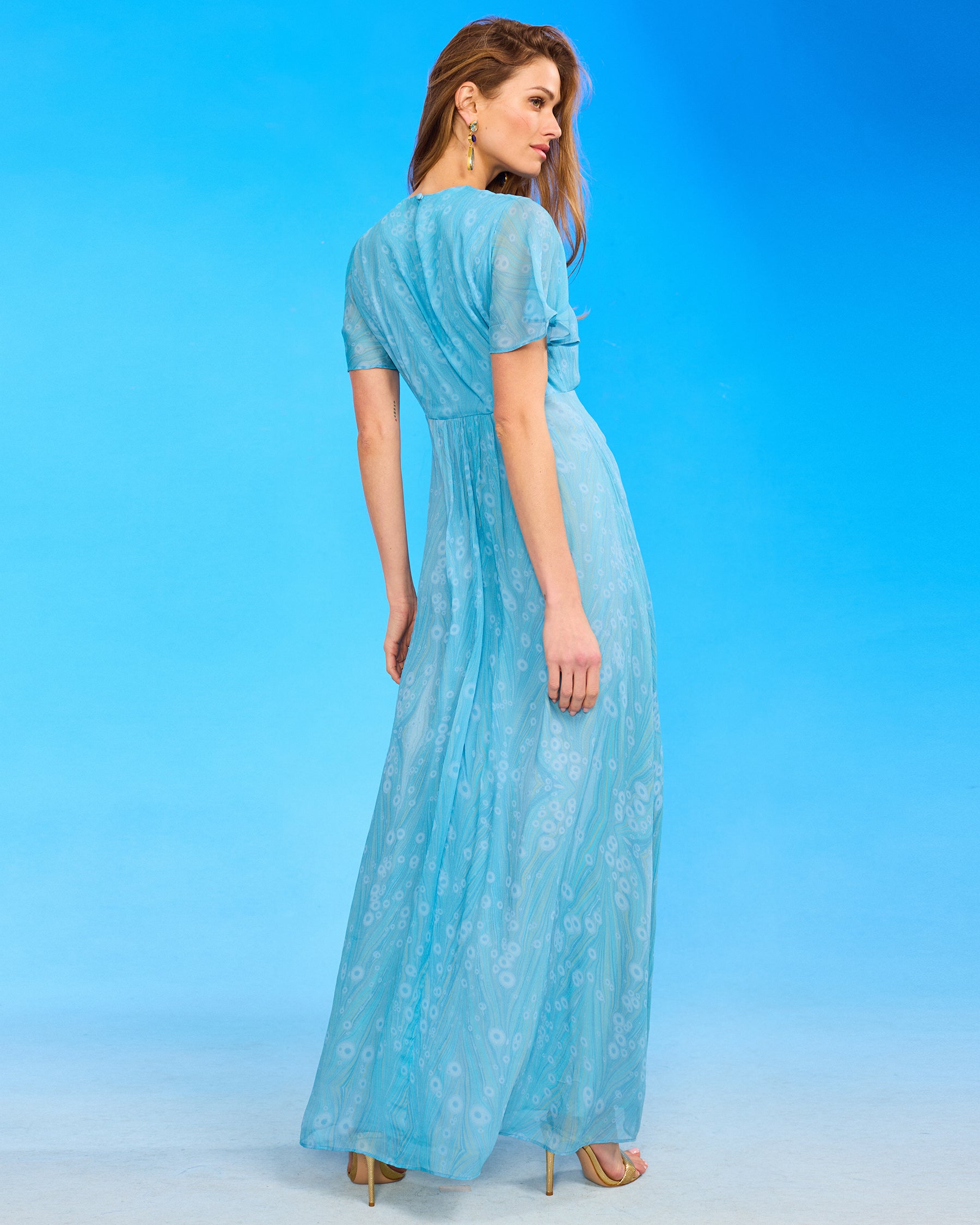 Titania Butterfly Sleeve Chiffon Maxi Dress in Sea Nymph back view