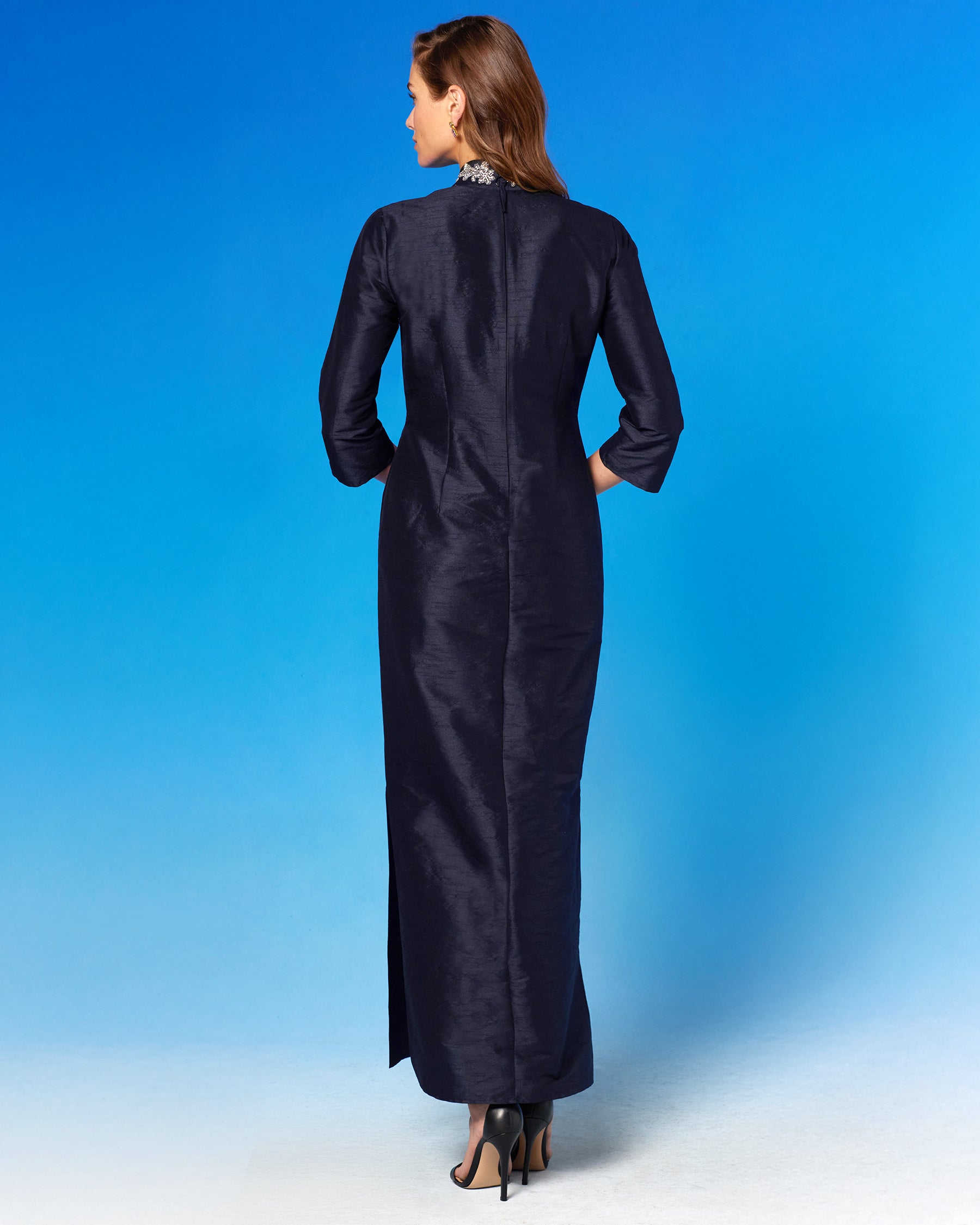 Tuxedo Long Tunic Dress in Black and Crystal Embellishment back view