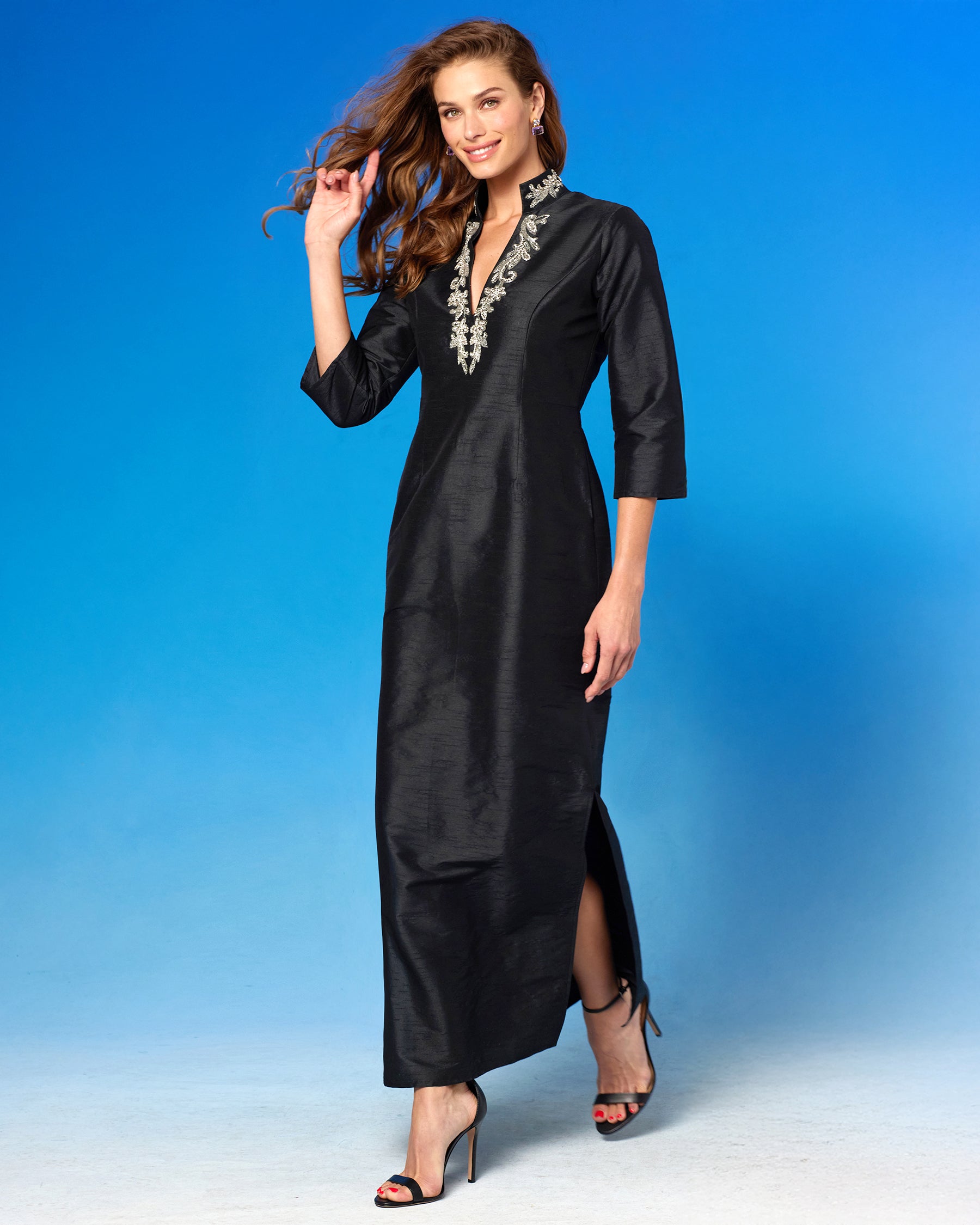 Tuxedo Long Tunic Dress in Black and Crystal Embellishment side view walking