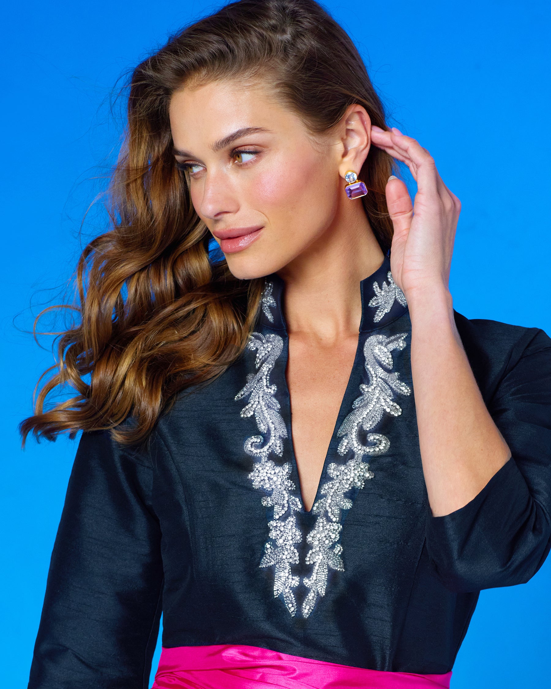 Tuxedo Long Tunic Dress in Black and Crystal Embellishment closeup portrait view