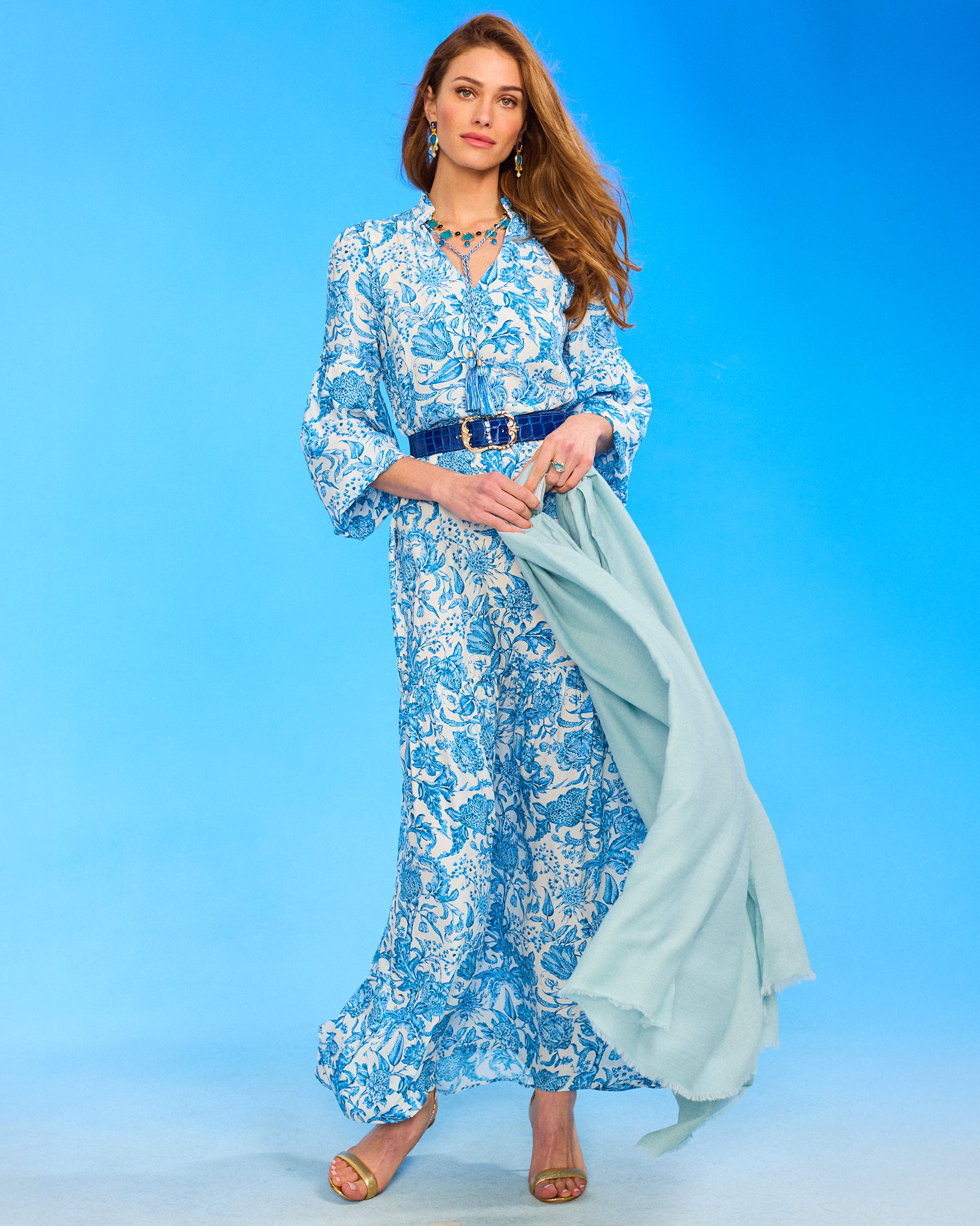 Josephine Pashmina Shawl in Robin Egg Blue worn with the Waverly Maxi Dress in Porcelain Florals