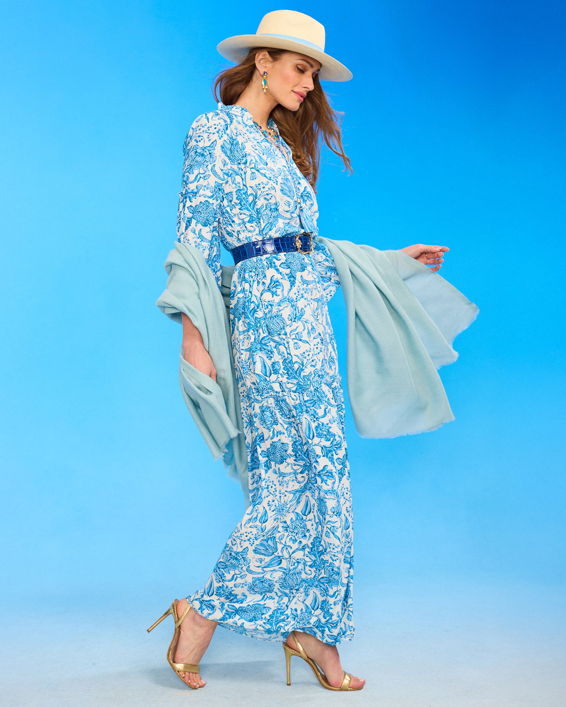 Josephine Pashmina Shawl in Robin Egg Blue worn with the Waverly Maxi Dress in Porcelain Florals