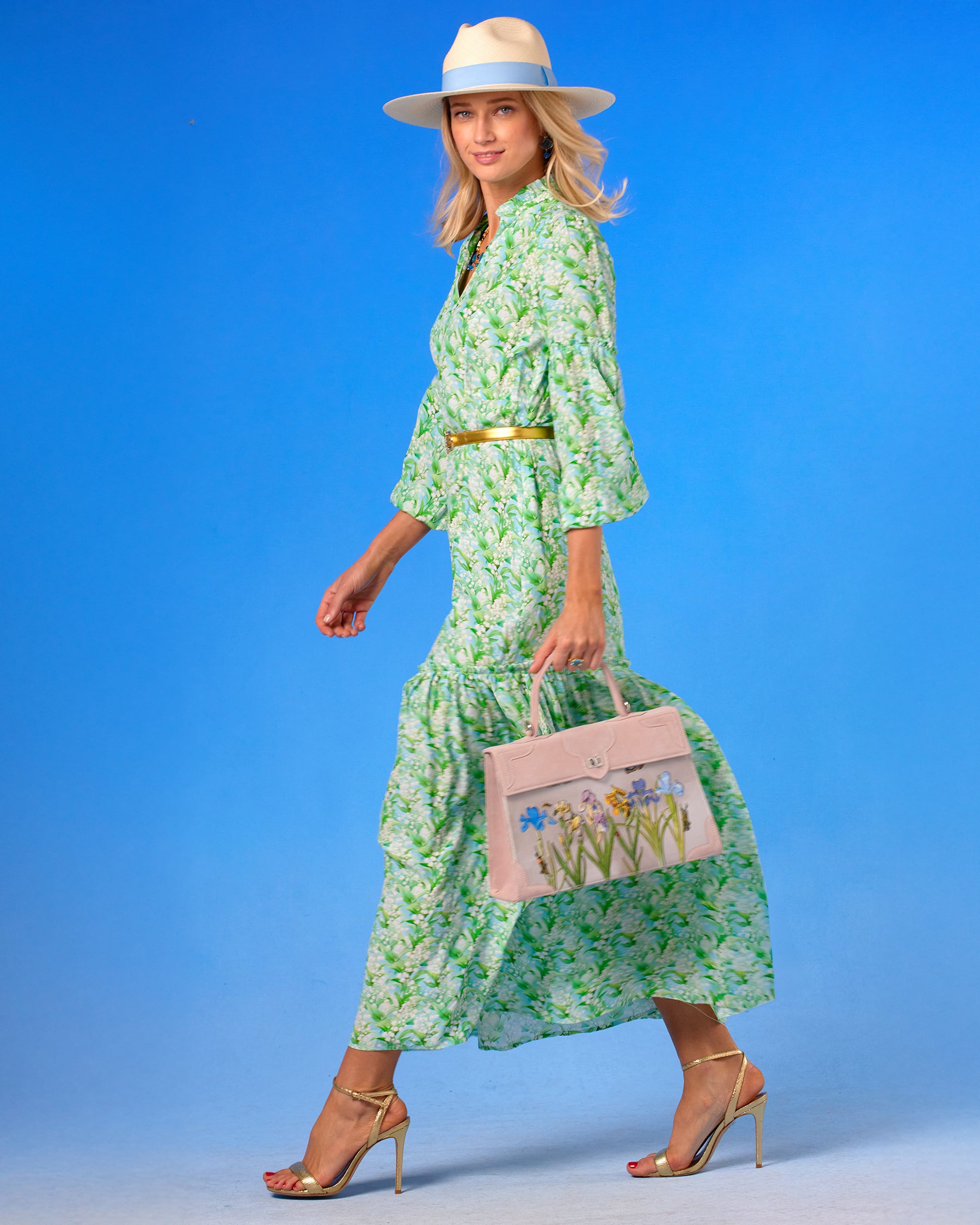 Marquise Paris Les Iris Top Handle Shoulder Bag in Pastel Pink worn with the Waverly Maxi Dress in Lilies of the Valley