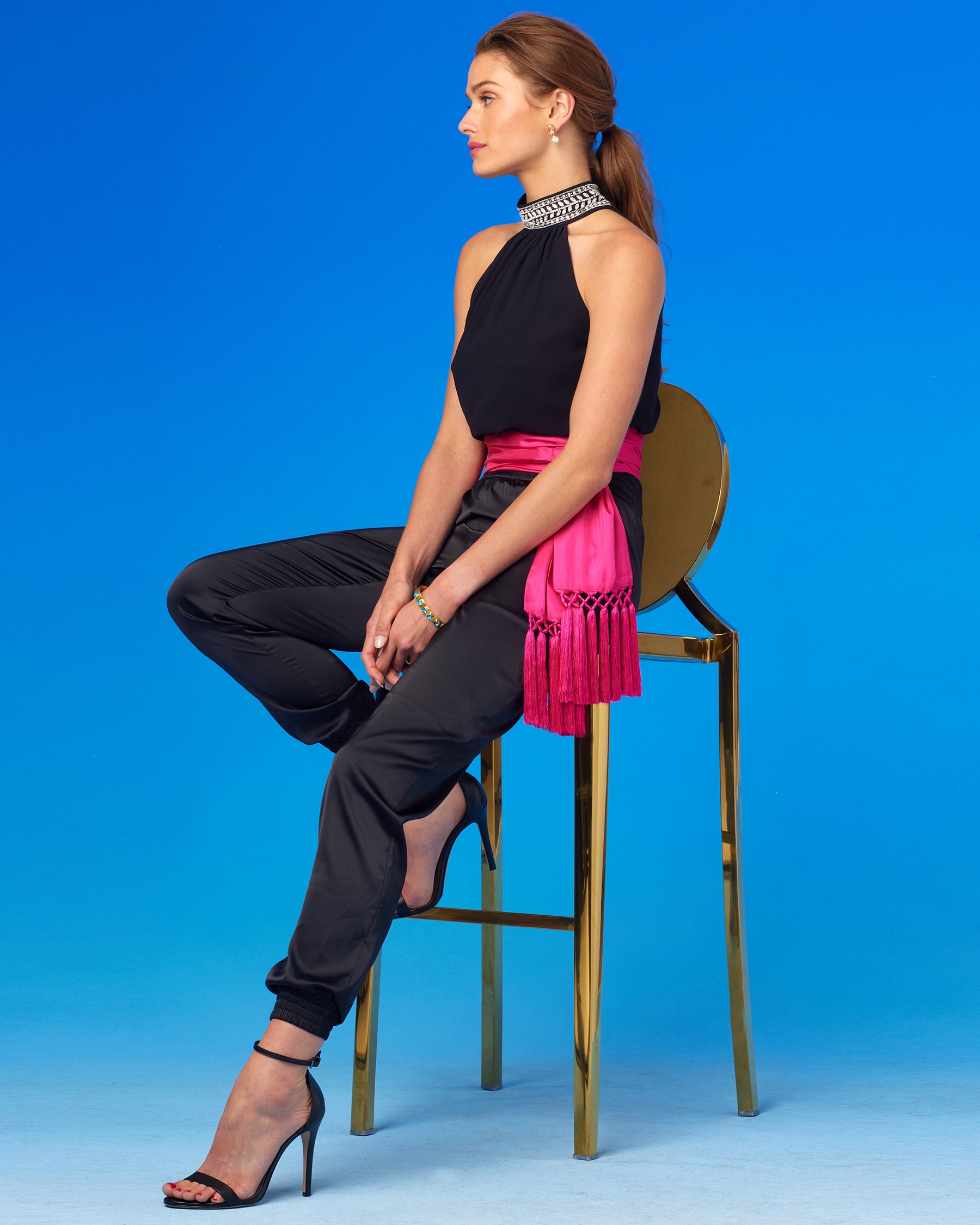 Cosima Sash Belt in Fuchsia-Wornn with the Zelda Black Halter Top and the Black Emma Harem Pants
