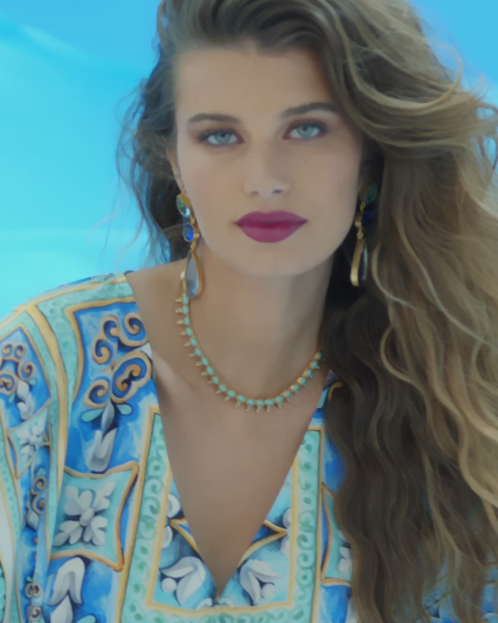 Video of the Marbella Silk Cinched Poncho in Porcelain Print