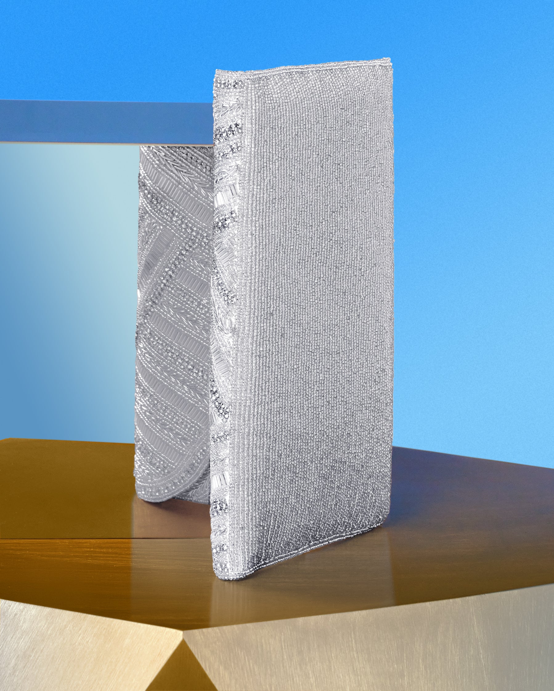 Betty Clutch in Beaded Silver vertical view of the back