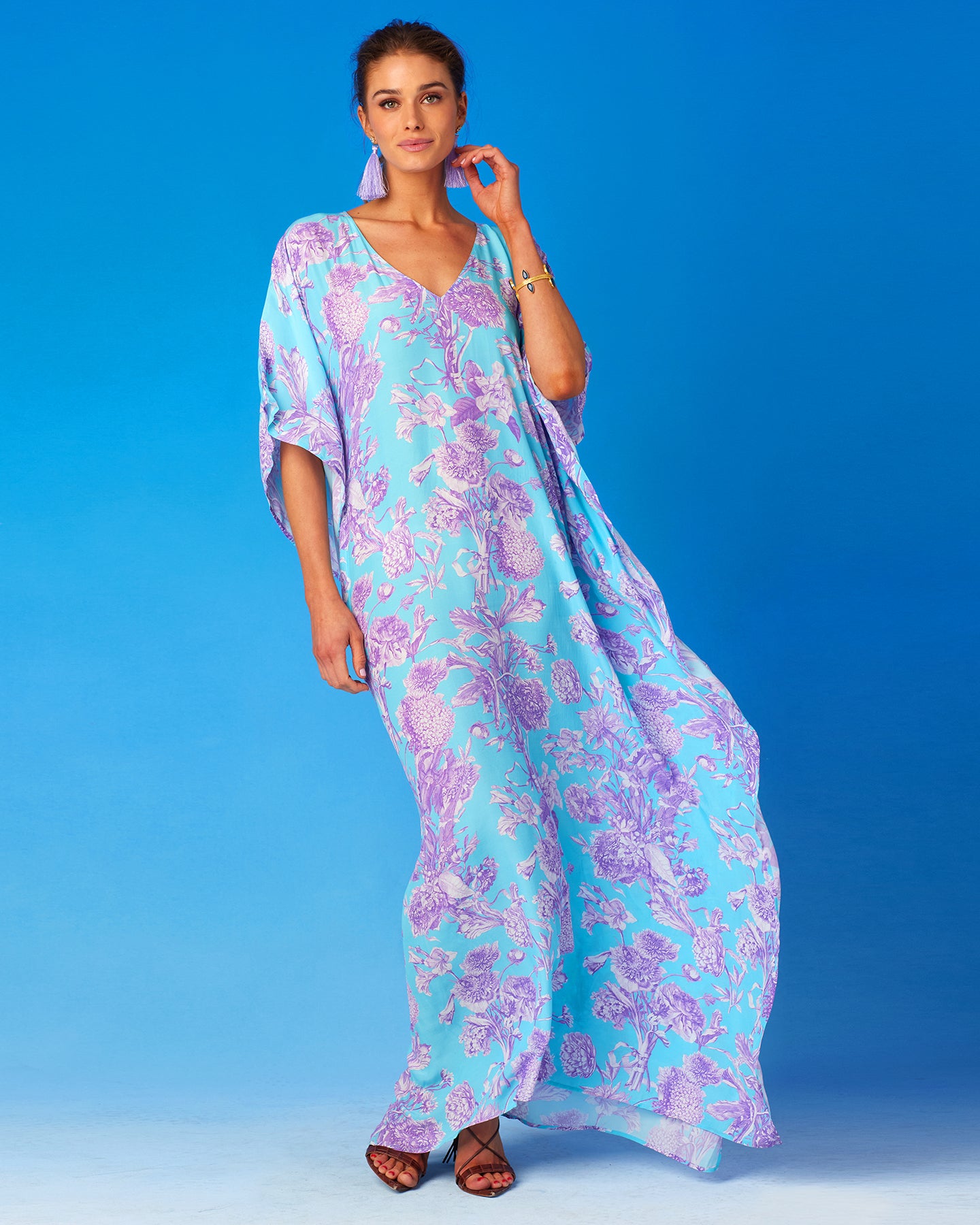 Camille Kaftan in Turquoise and Purple Floral Toile-Front View