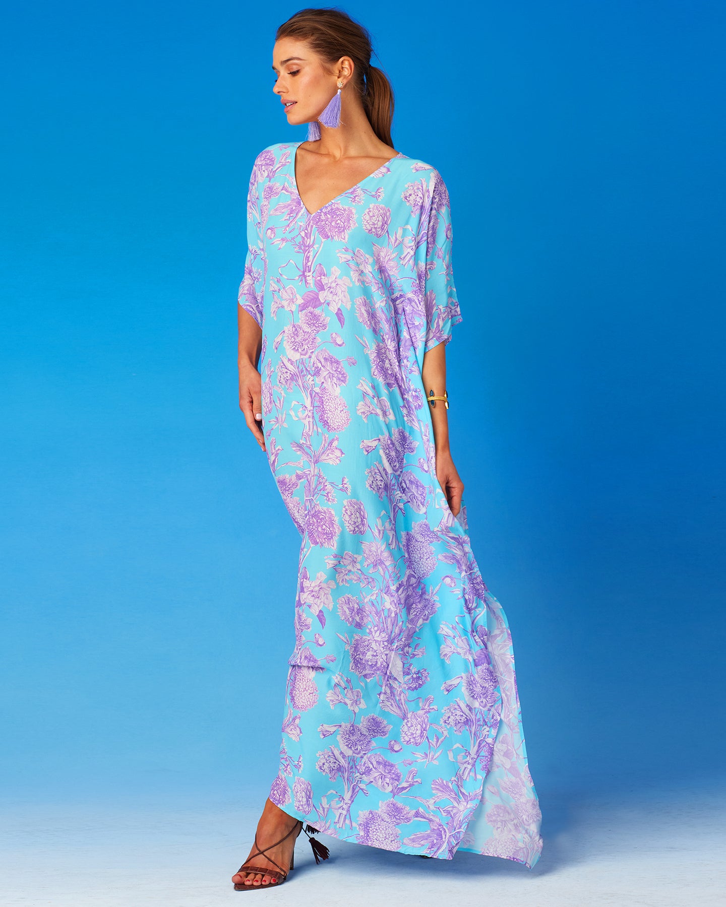 Camille Kaftan in Turquoise and Purple Floral Toile-Another front view