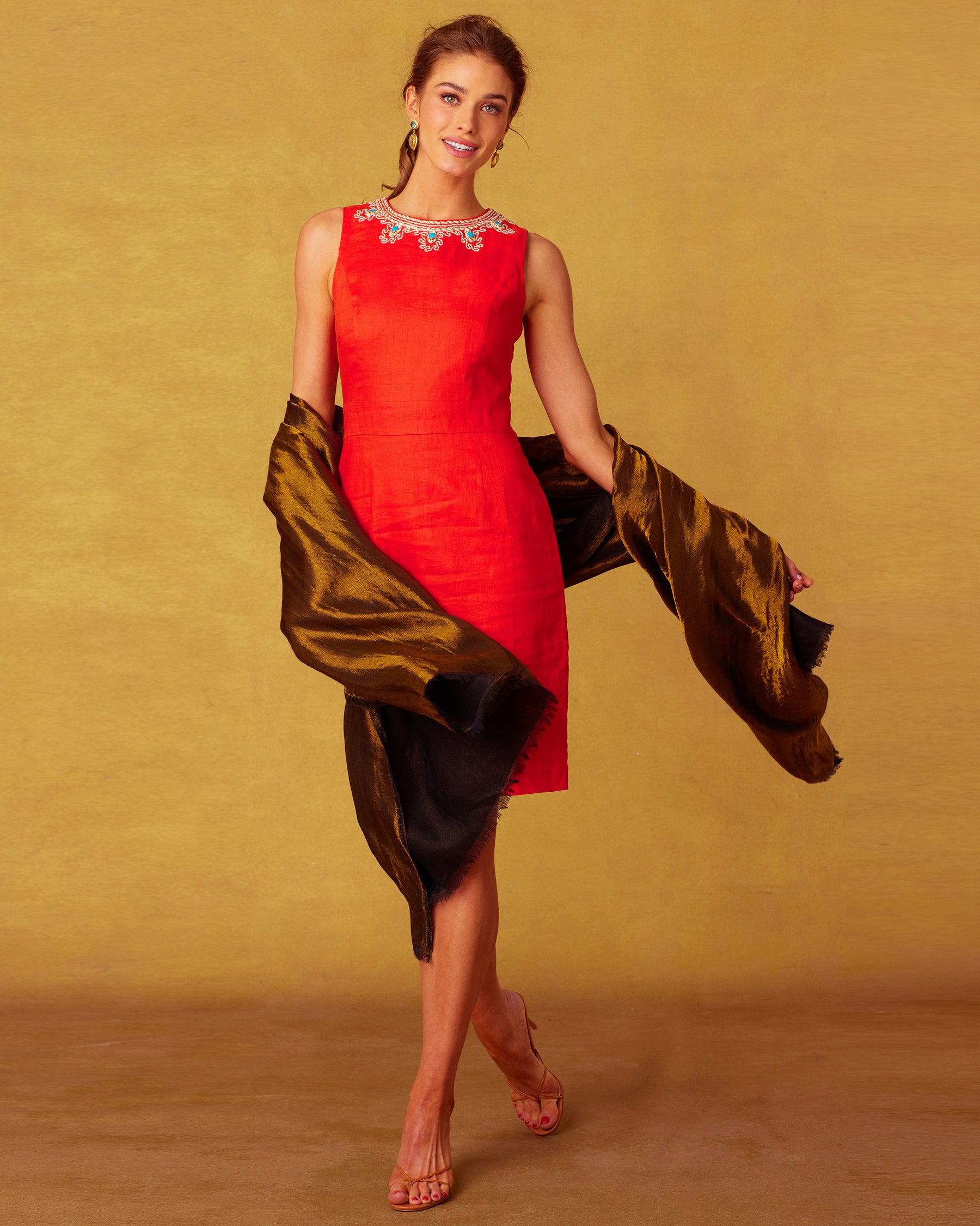 Josephine Reversible Pashmina Shawl in Gold Shimmer Night Sky Worn with the Adriana Sheath Dress