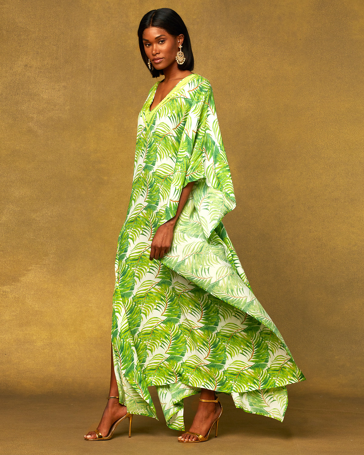 Ashley Long Kaftan in Undulating Palm Leaves