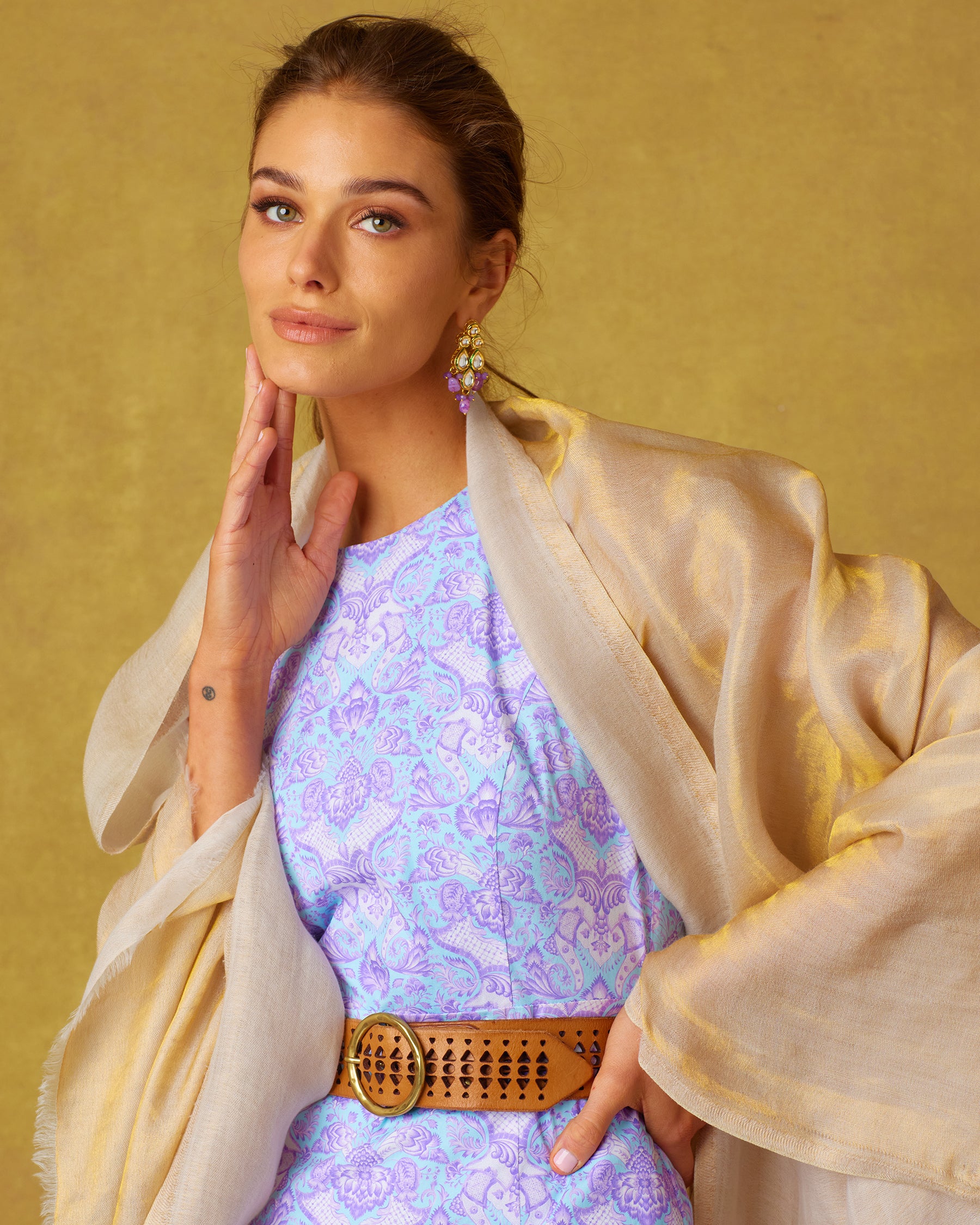 Campomaggi Malibu Pyramid Laser Cut Belt in Tan Worn with the Brinkley Sheath Dress