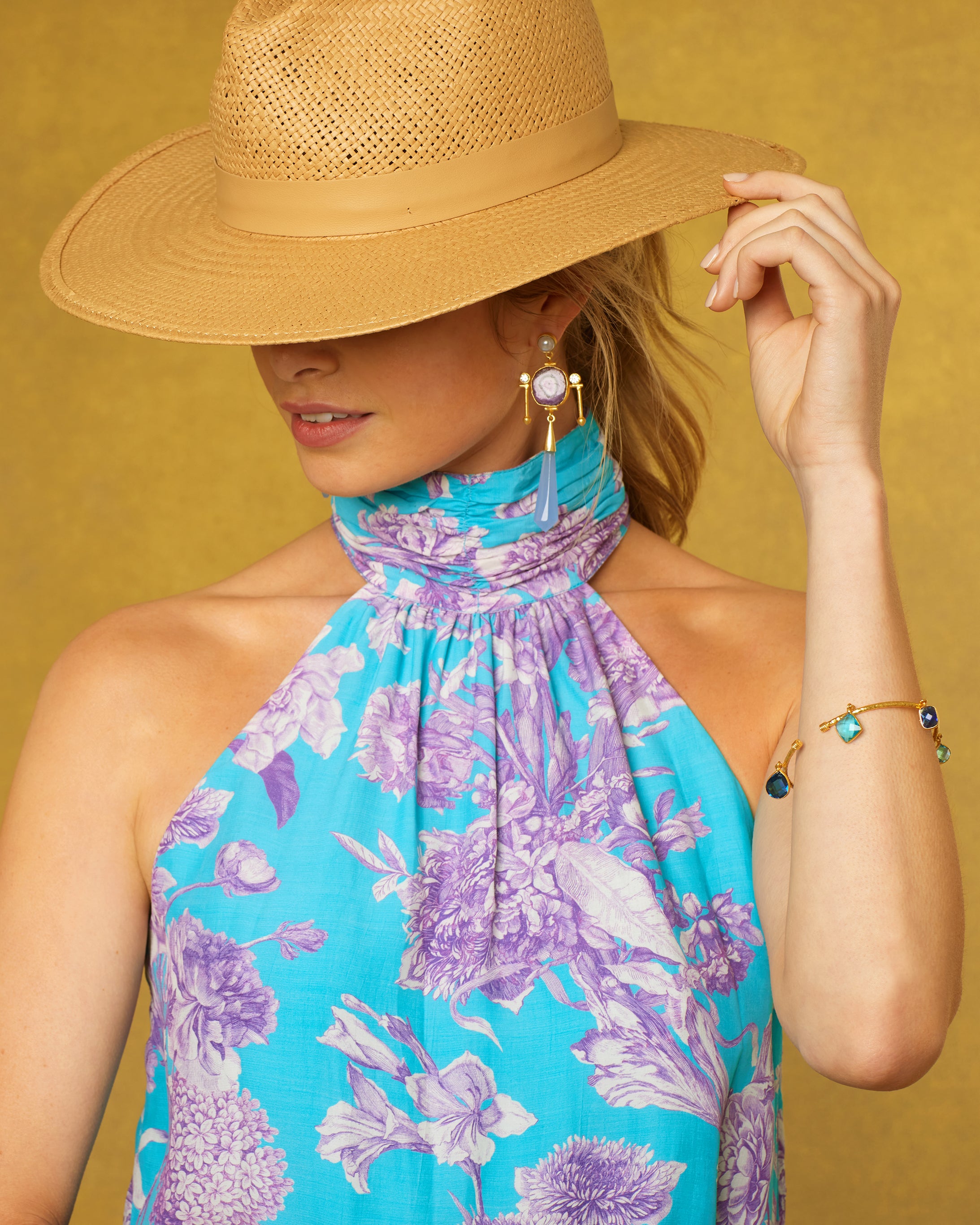 Camille Halter Top in Turquoise and Purple Floral Toile