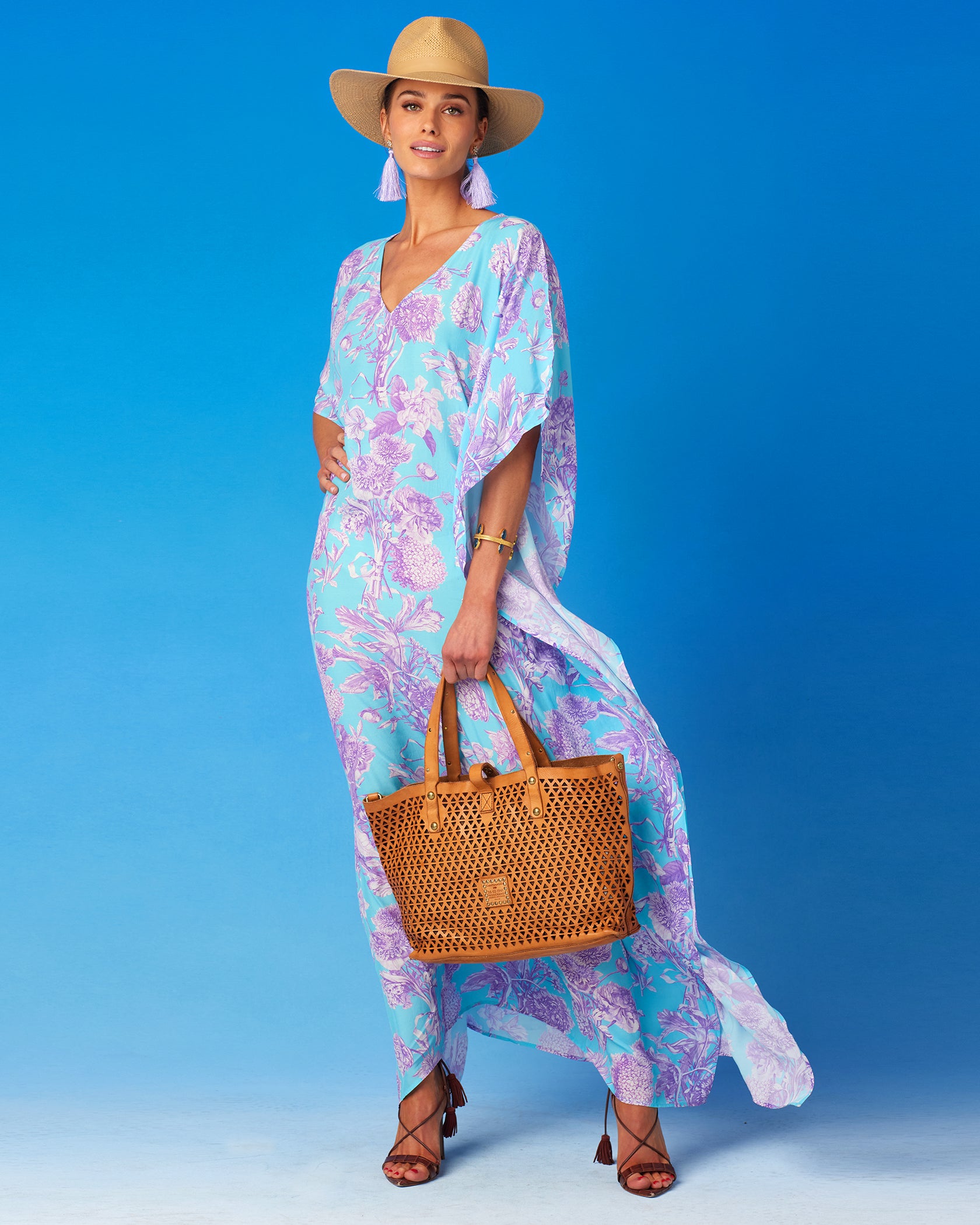 Camille Kaftan in Turquoise and Purple Floral Toile-Front View with Campomaggi Tote