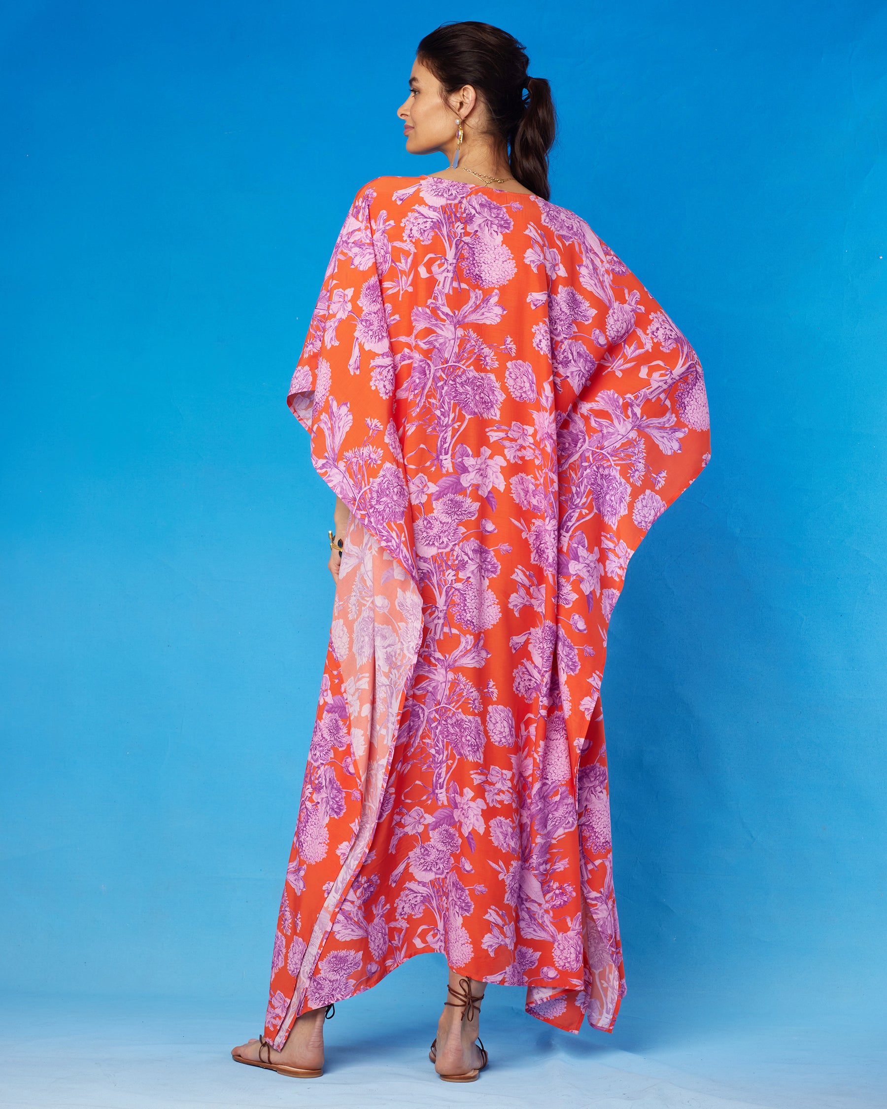 Camille Kaftan in Orange and Purple Floral Toile-Back View