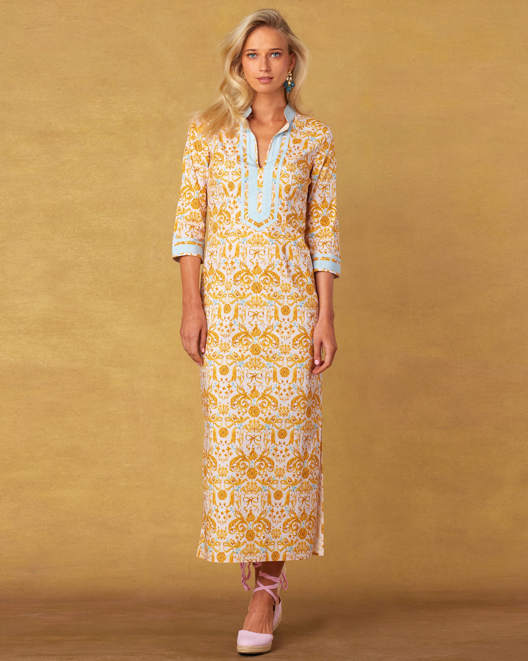 Capri Long Tunic Dress in French Regency Ribbon Print-Full Length