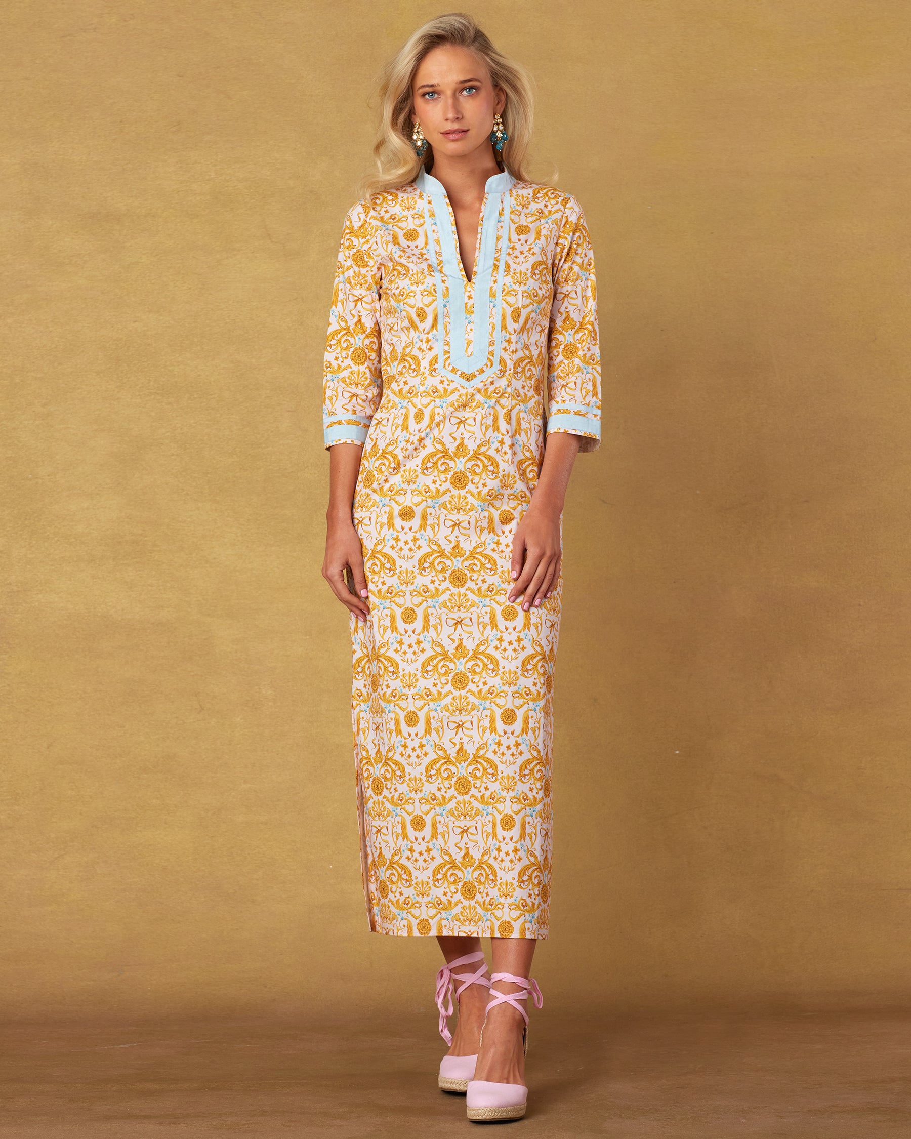 Capri Long Tunic Dress in French Regency Ribbon Print-Full Length Alternate View