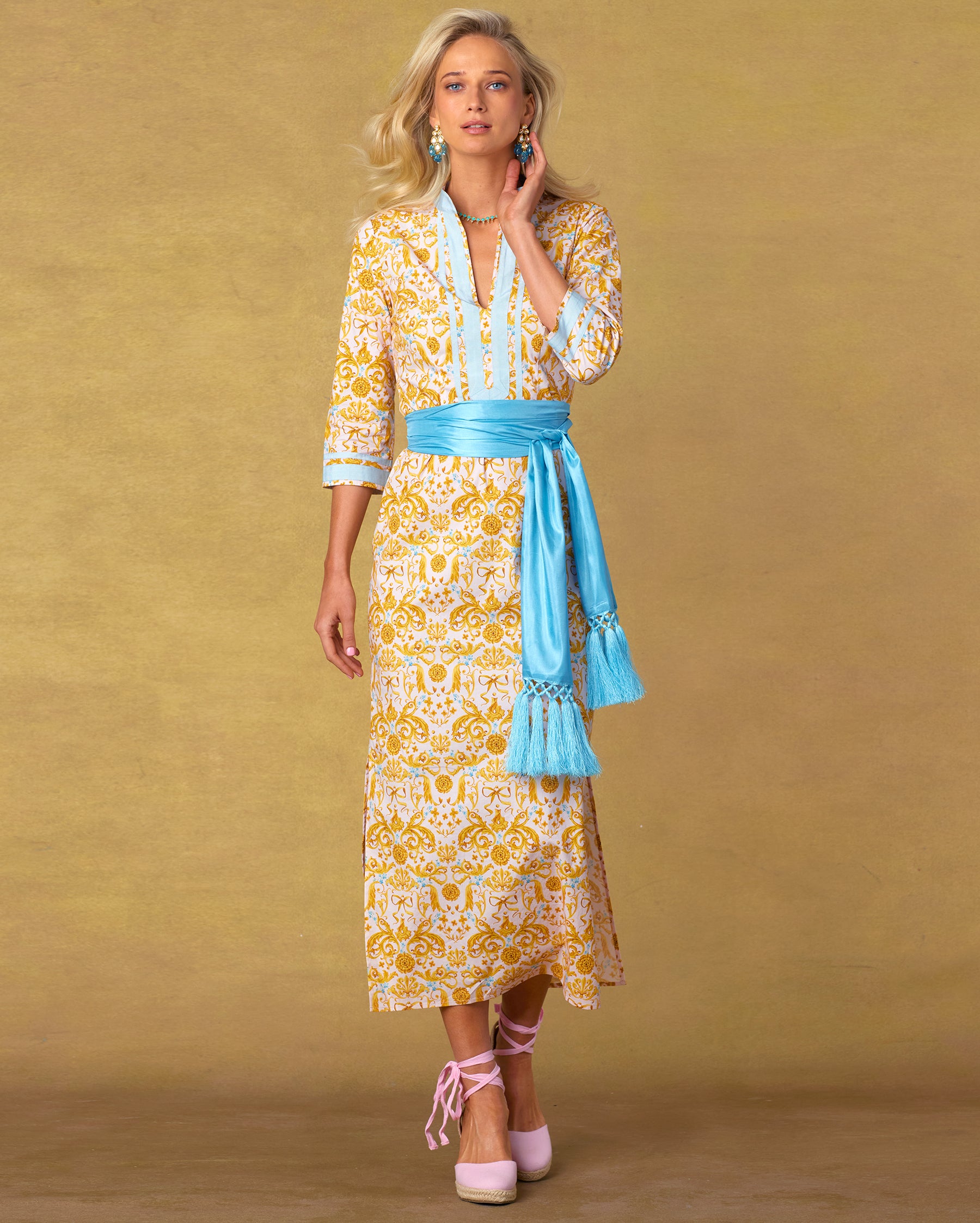 Cosima Sash Belt in Bermuda Turquoise worn with the Capri Long Tunic Dress in French Regency Ribbon Print