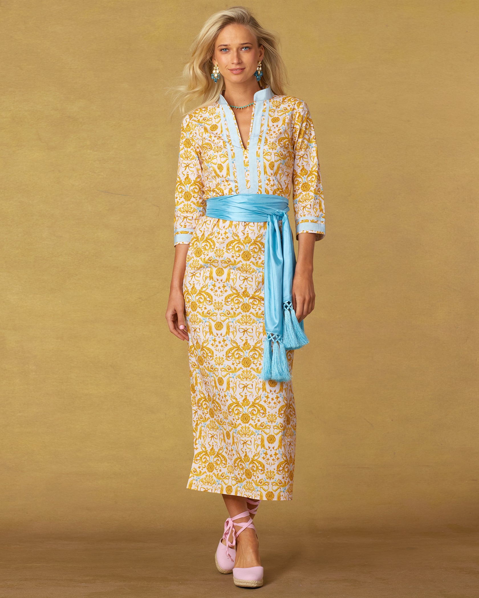 Capri Long Tunic Dress in French Regency Ribbon Print-full length worn with the Cosima Sash Belt in Bermuda Turquoise