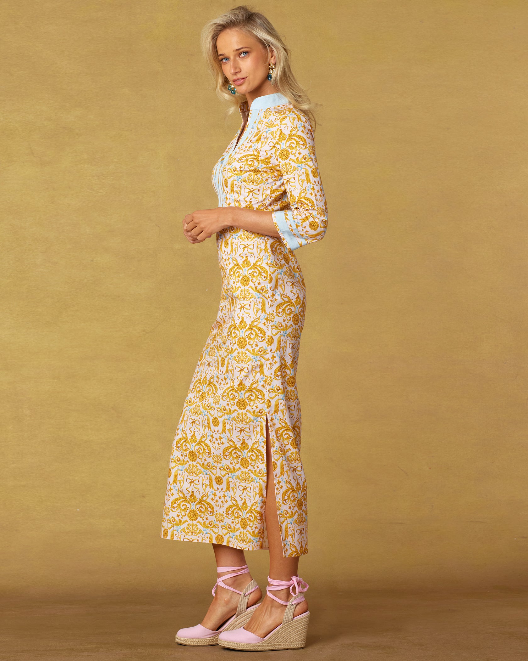 Capri Long Tunic Dress in French Regency Ribbon Print-Side View Showing the Side Slit