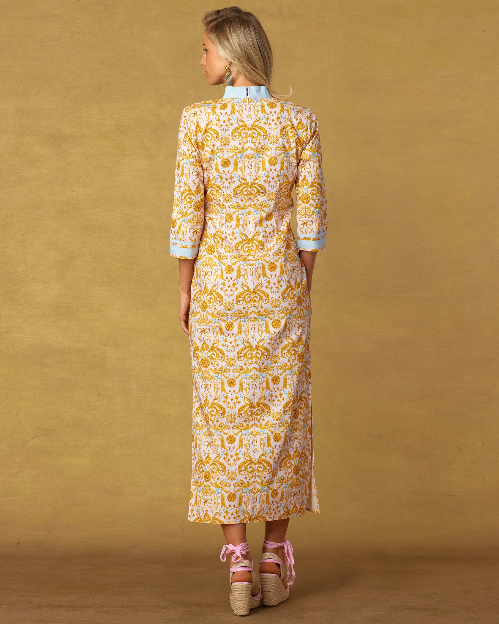 Capri Long Tunic Dress in French Regency Ribbon Print-Back View