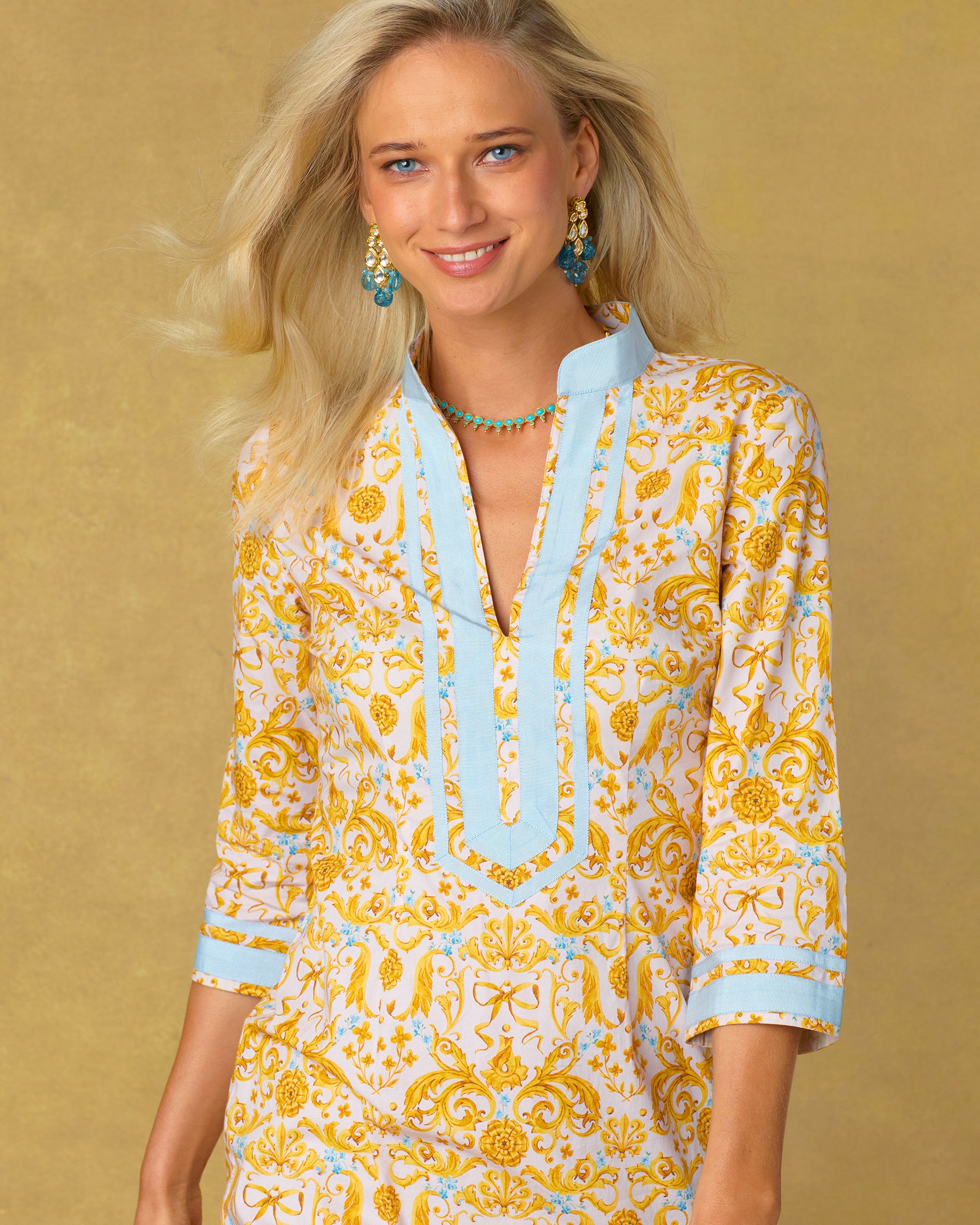 Capri Long Tunic Dress in French Regency Ribbon Print-Portrait
