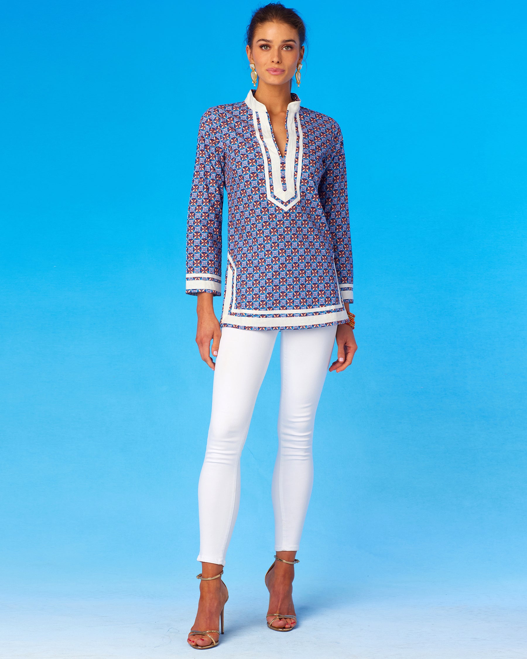 Capri Tunic in Mini Seashell Motif-Standing Front View