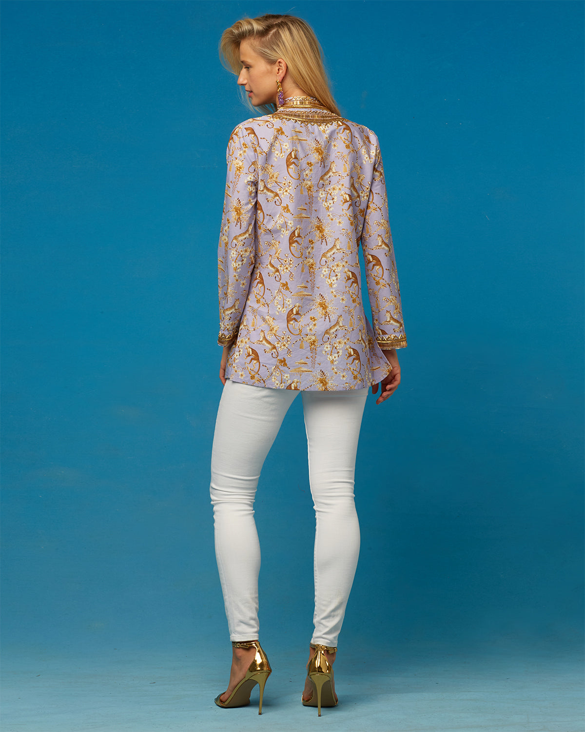 Cassandra  Tunic in Whimsical Jungle Toile in Saffron on Lavender Embellished in Gold-back