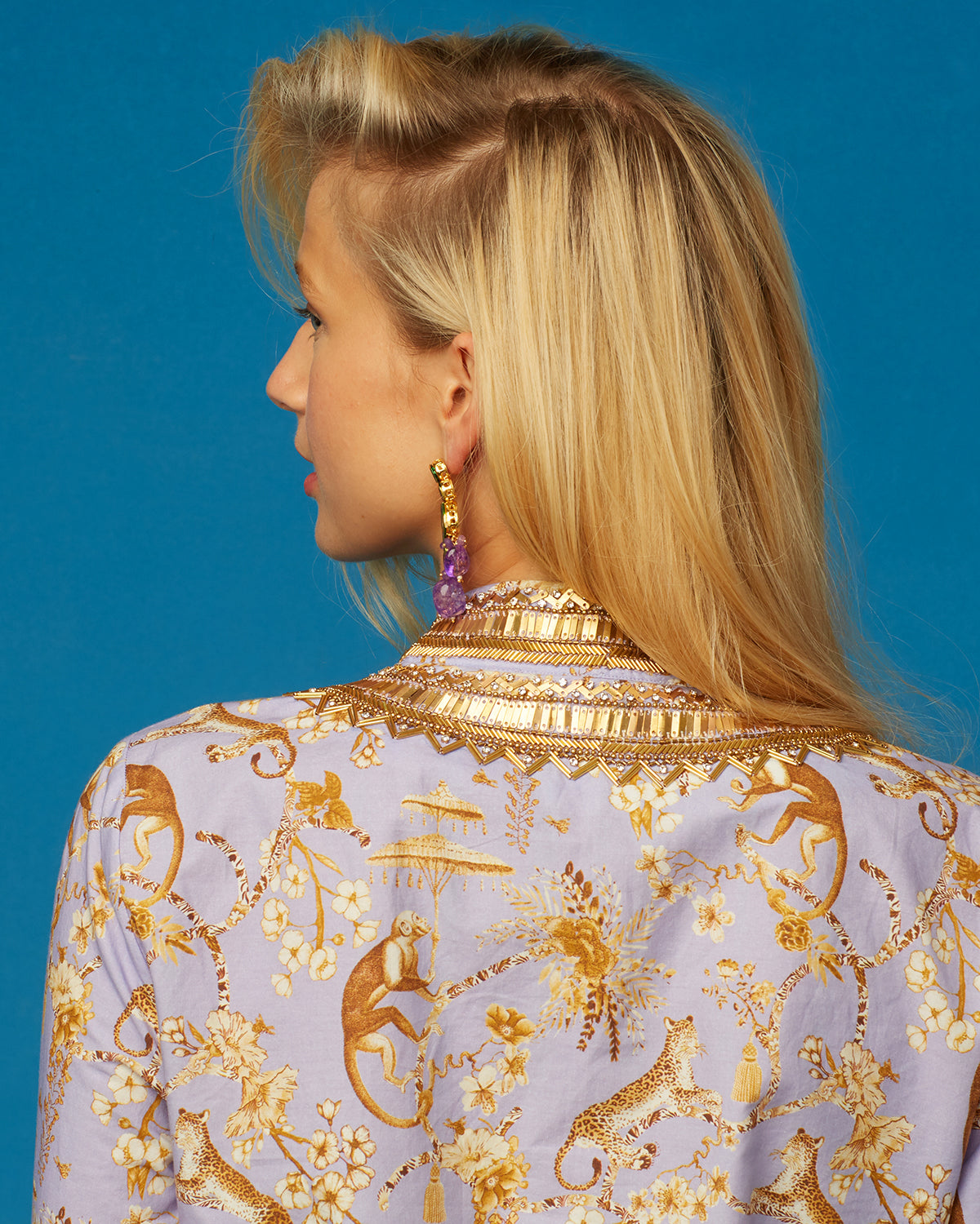 Cassandra  Tunic in Whimsical Jungle Toile in Saffron on Lavender Embellished in Gold-detail of back embellishment
