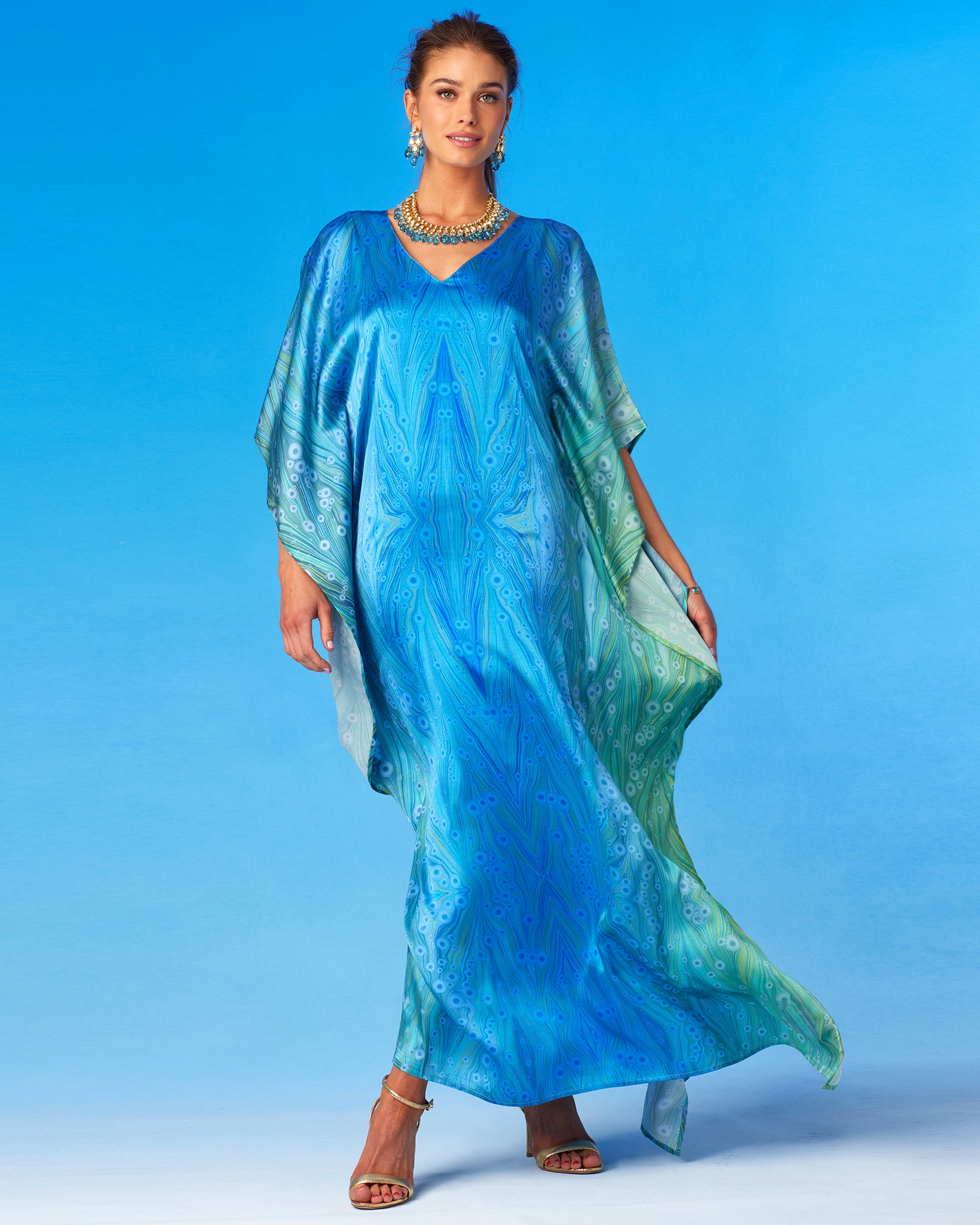 Delfina Silk Kaftan in Sea Nymph Blues-Walking