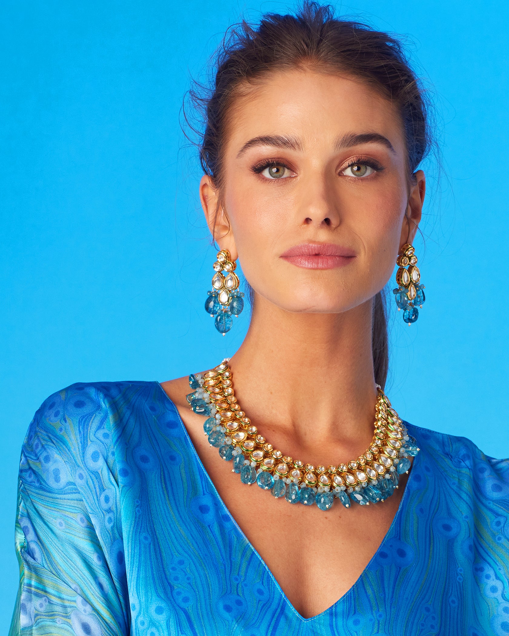Sharawar Earrings in Sapphire Blue-Worn with the Lavinia Lapis Lazuli Blue Silk Kaftan