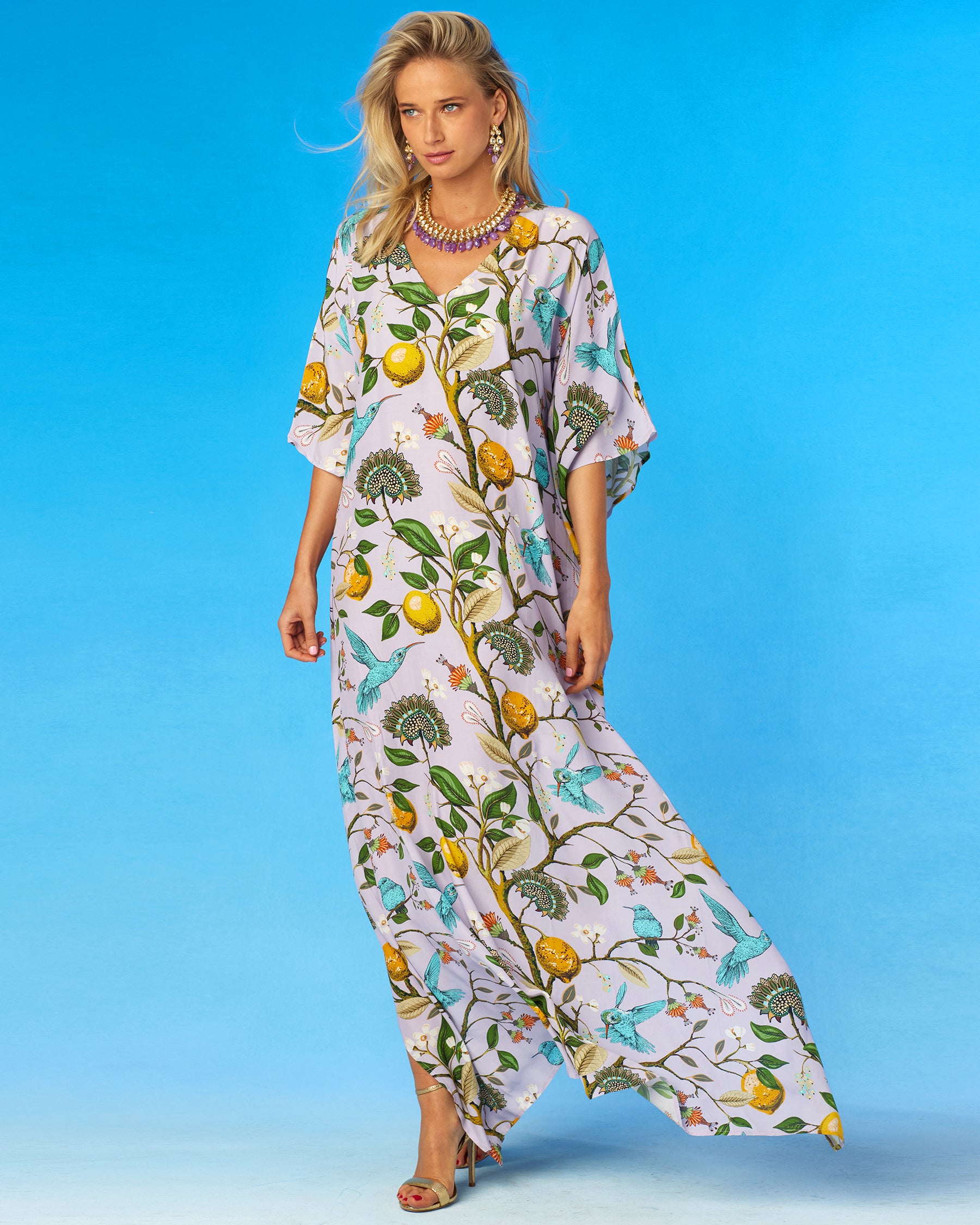 Flora Kaftan in Lavender Hummingbird Print-Model Walking